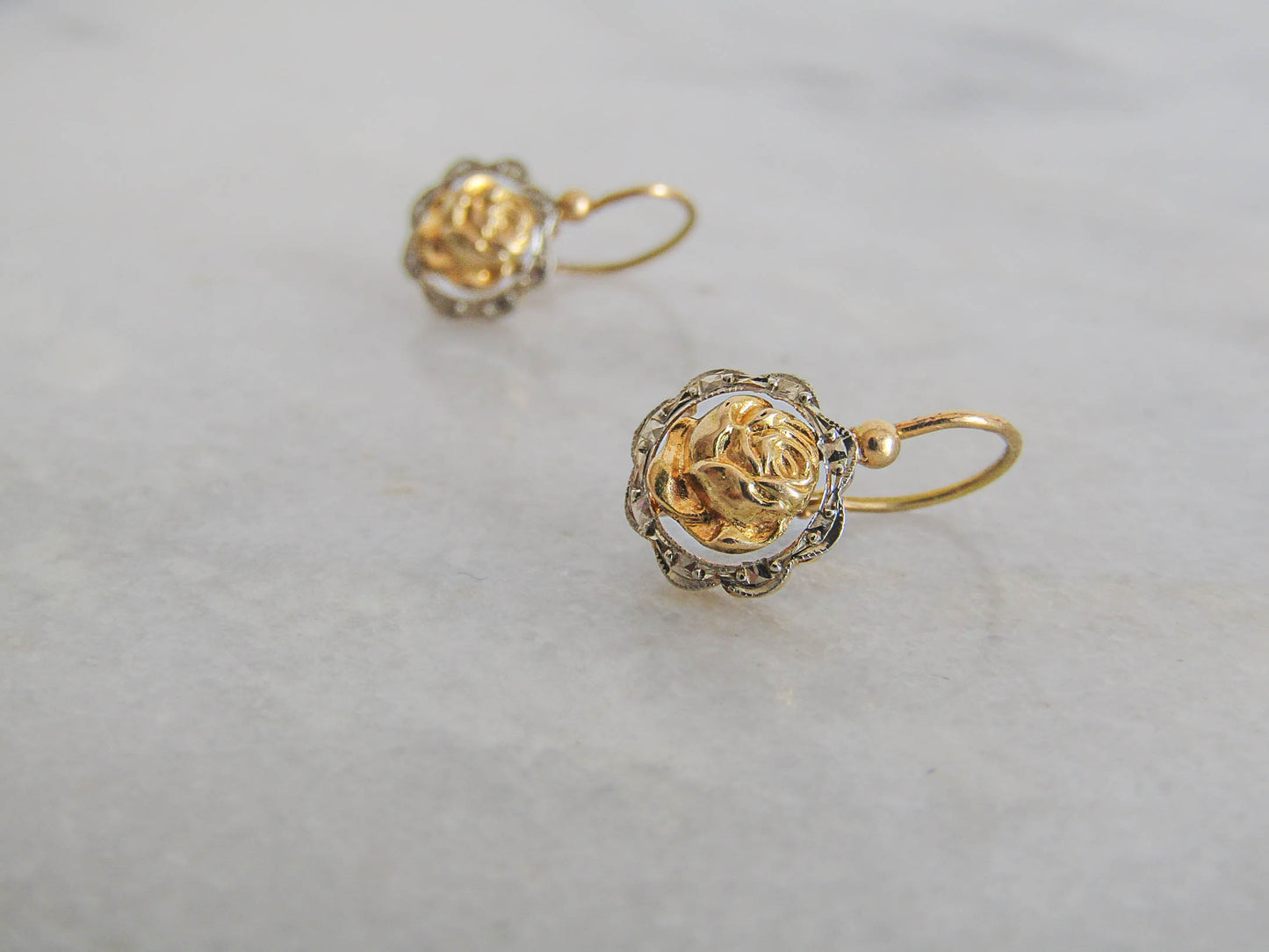 Antique 18K Solid Gold and Platinum Art Deco Rose Earrings c. 1910