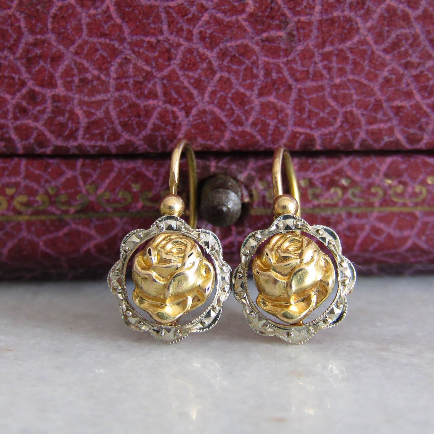 Antique 18K Solid Gold and Platinum Art Deco Rose Earrings c. 1910