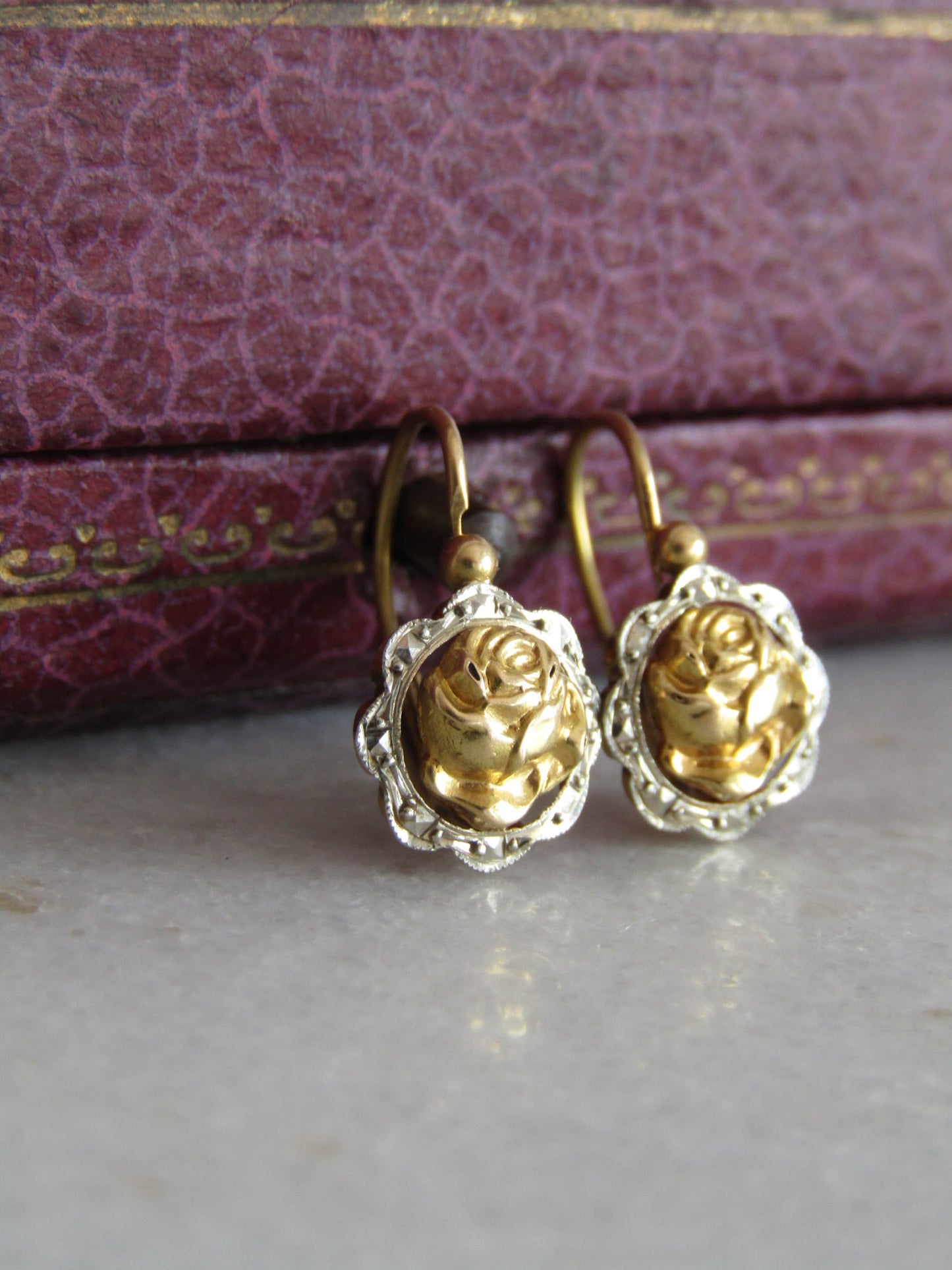 Antique 18K Solid Gold and Platinum Art Deco Rose Earrings c. 1910