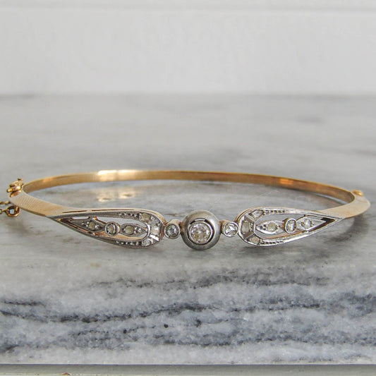 Antique Solid Gold and Platinum Bangle with Diamonds, Belle Epoque French Opening Bracelet with Safety Chain c. 1890