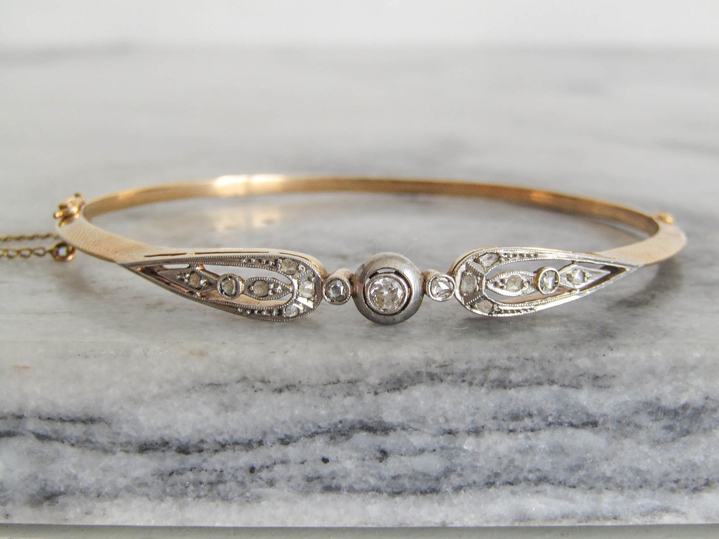 Antique Solid Gold and Platinum Bangle with Diamonds, Belle Epoque French Opening Bracelet with Safety Chain c. 1890