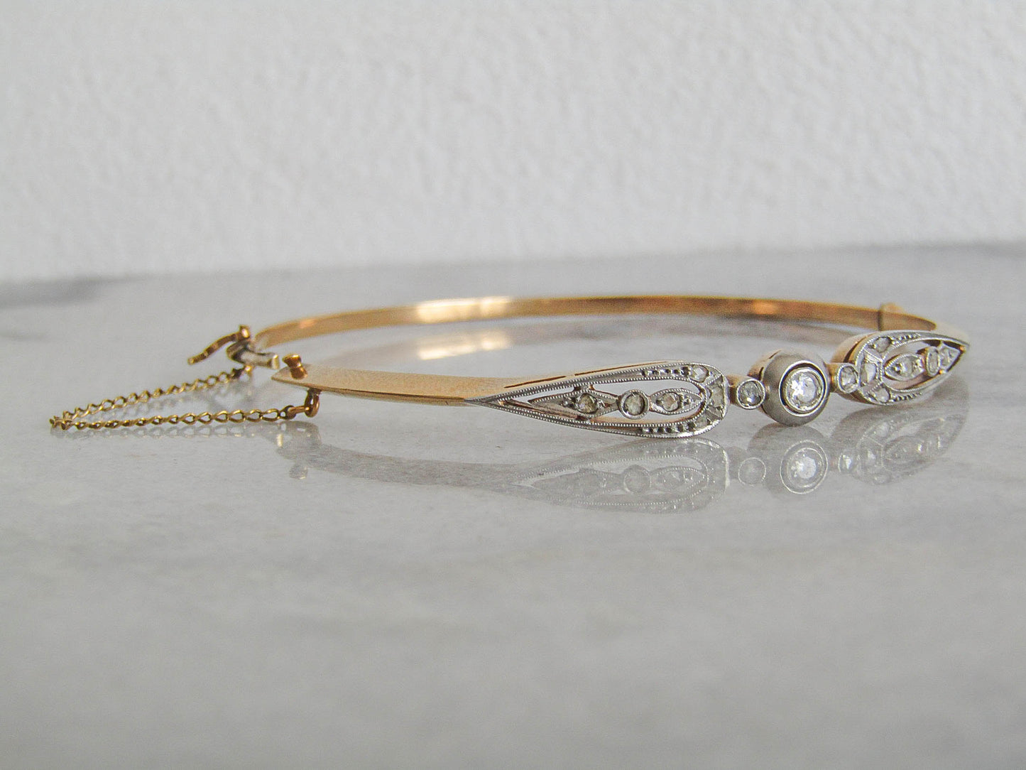 Antique Solid Gold and Platinum Bangle with Diamonds, Belle Epoque French Opening Bracelet with Safety Chain c. 1890