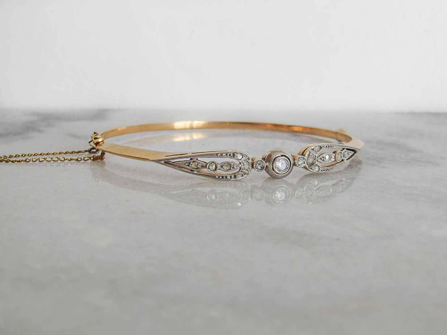 Antique Solid Gold and Platinum Bangle with Diamonds, Belle Epoque French Opening Bracelet with Safety Chain c. 1890