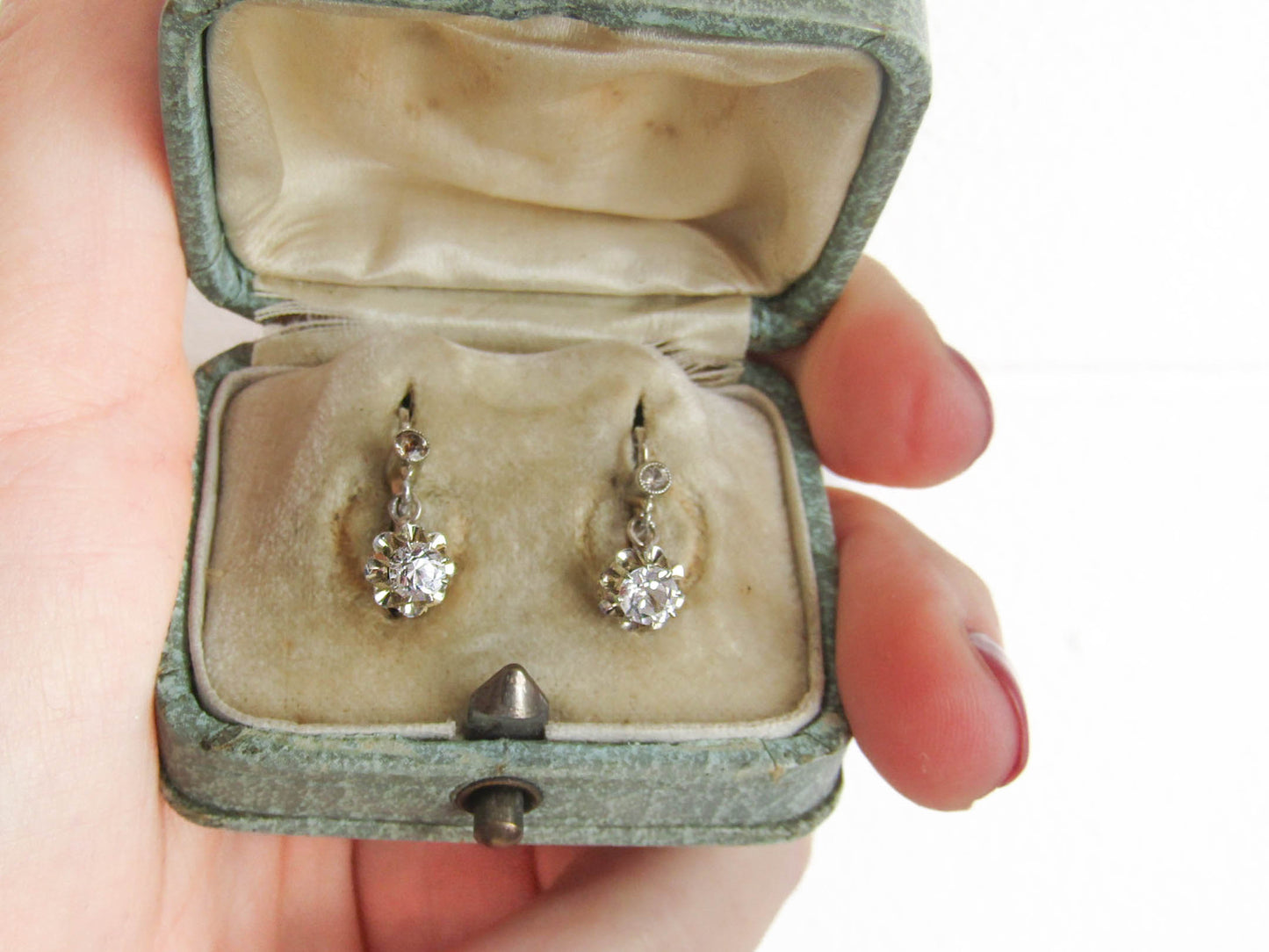 Antique French 18k Gold Art Deco Drop Earrings with White Spinel c. 1930