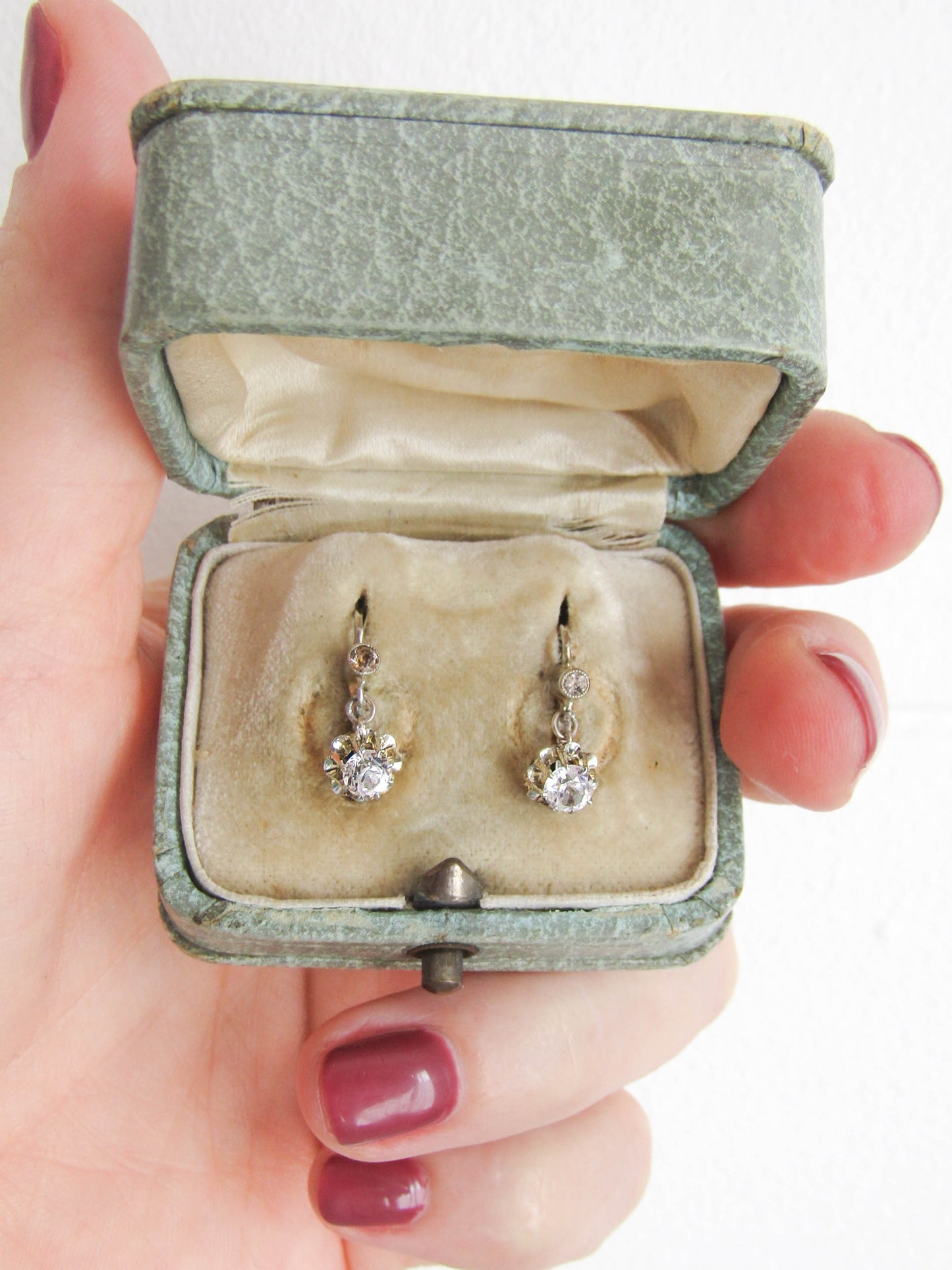 Antique French 18k Gold Art Deco Drop Earrings with White Spinel c. 1930