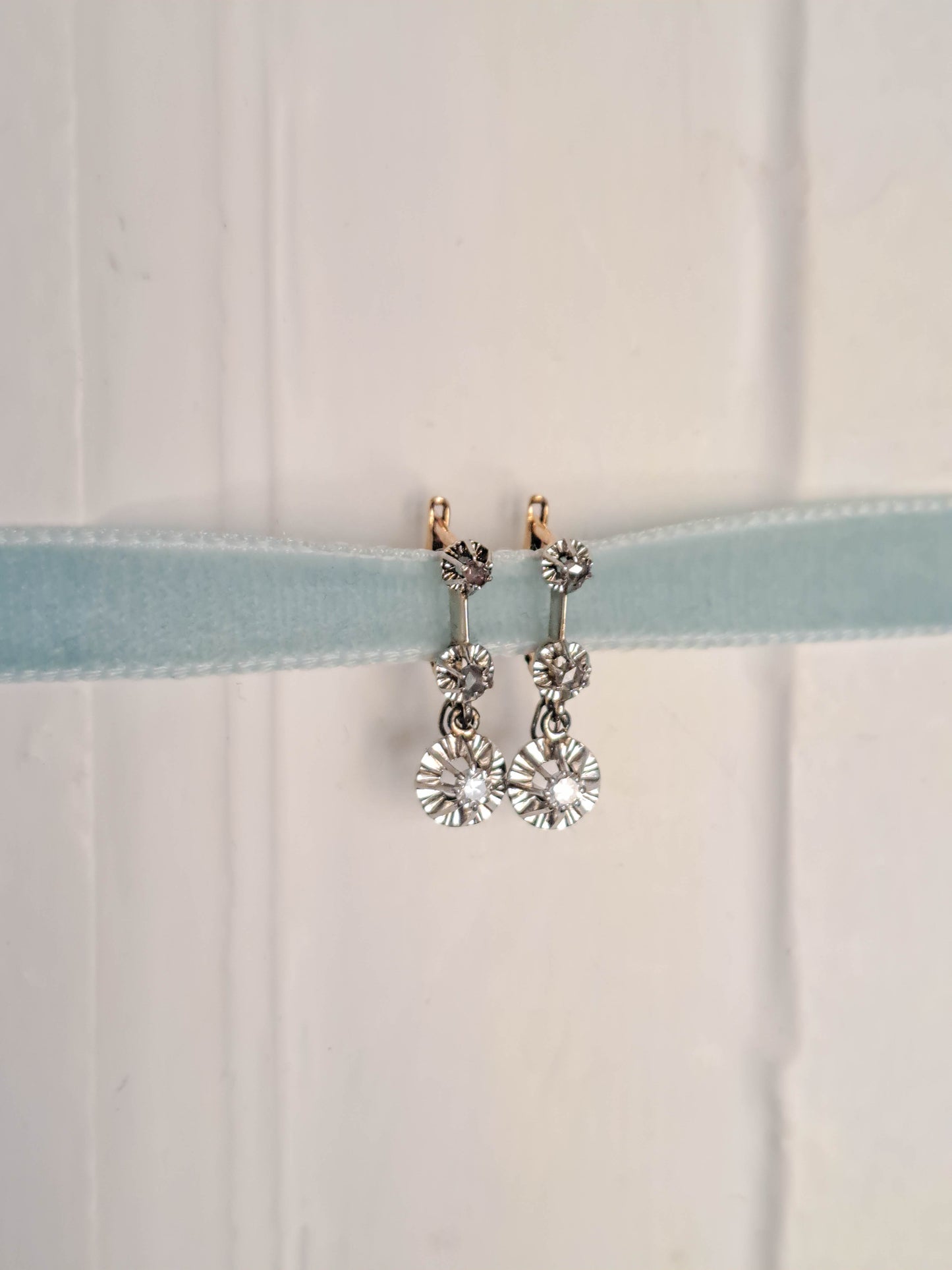 BOXED | Antique 18K Diamond Trembleuse Drop Earrings, French 18k White and Yellow Gold Dangle Earrings, Bridal Earrings c. 1930