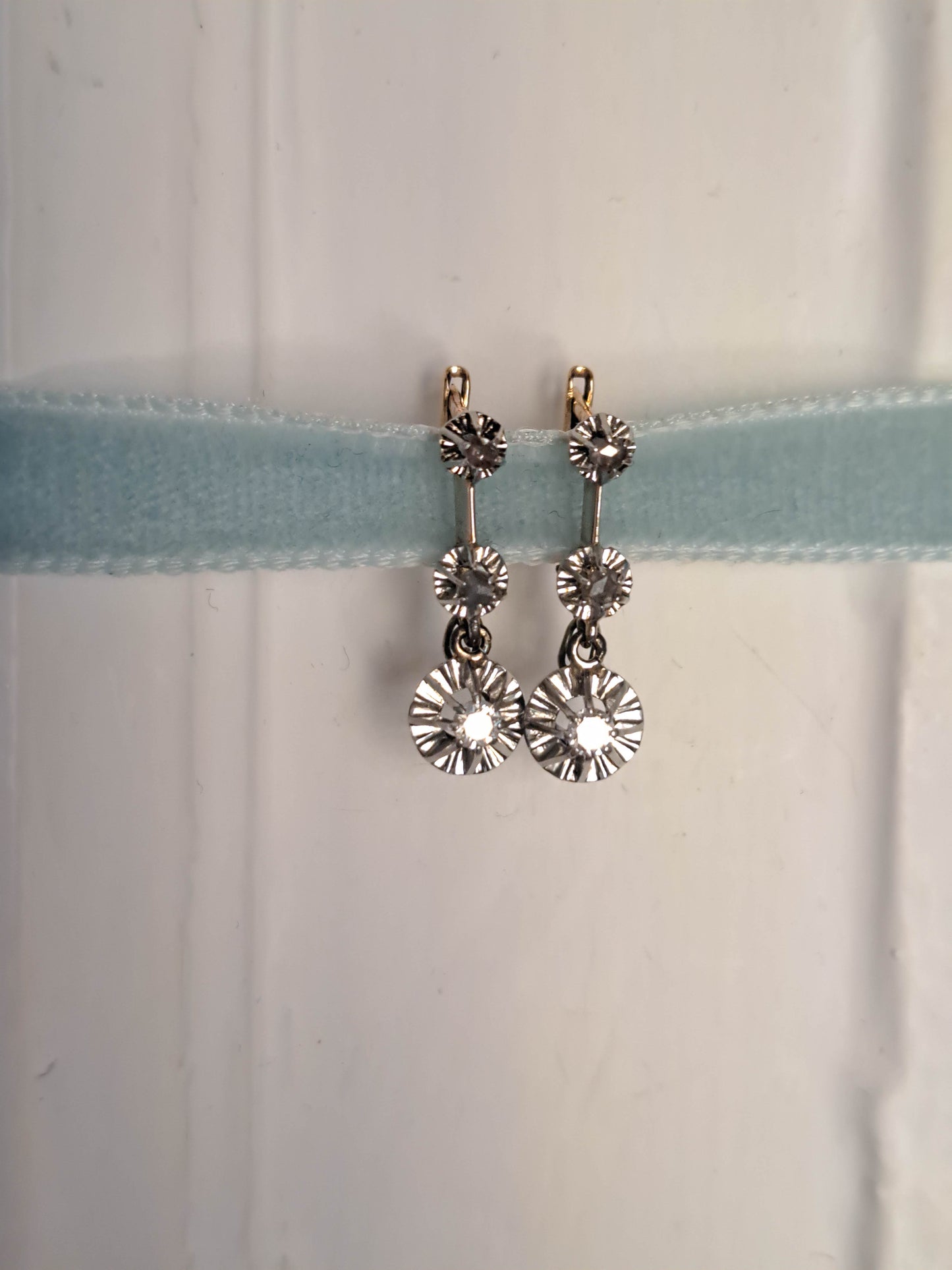 BOXED | Antique 18K Diamond Trembleuse Drop Earrings, French 18k White and Yellow Gold Dangle Earrings, Bridal Earrings c. 1930