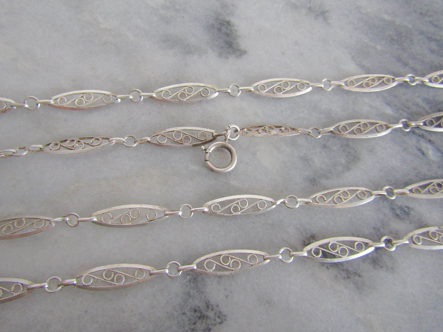 53" Victorian Silver Filigree Long Guard Chain, Antique French Muff Chain, XIX century chain