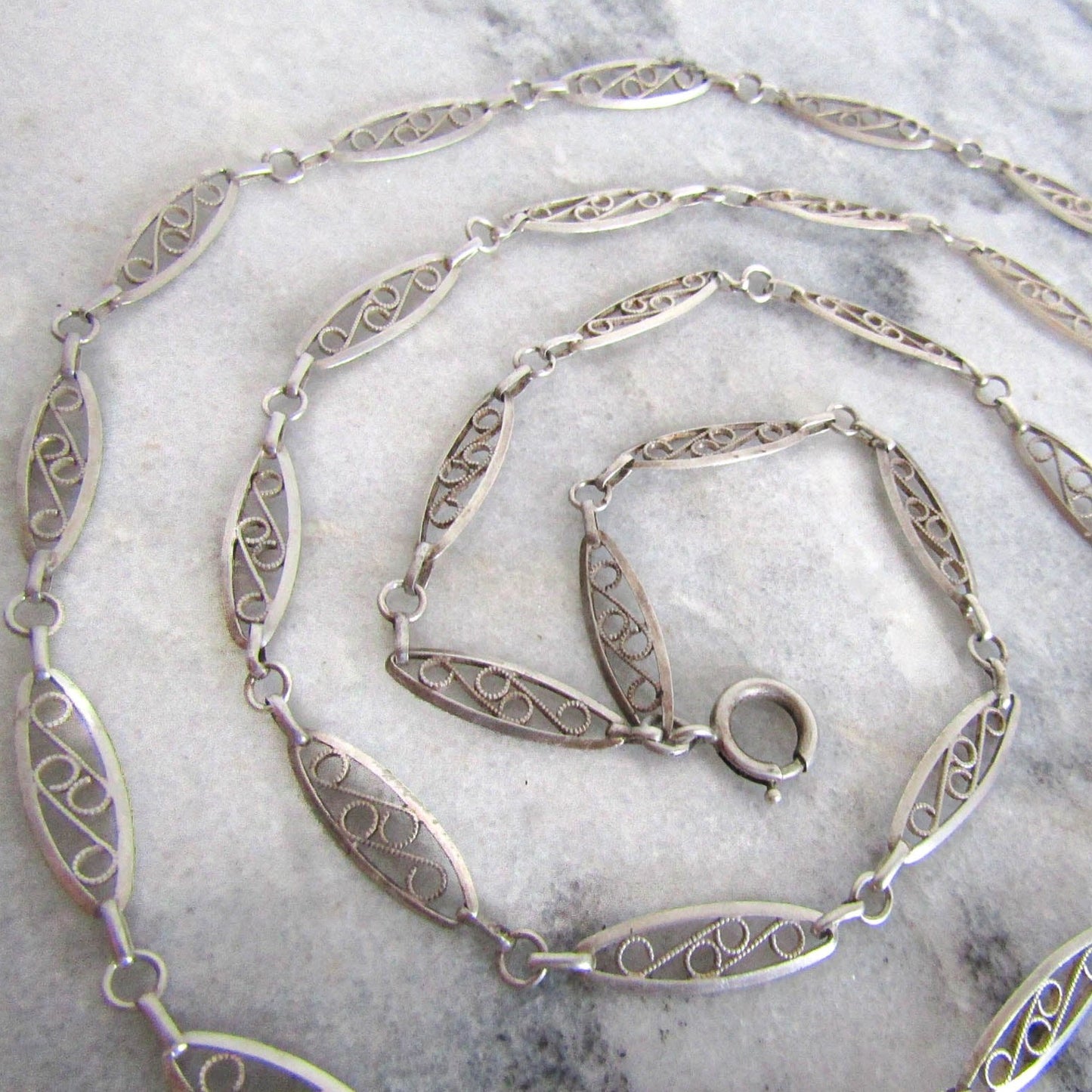 53" Victorian Silver Filigree Long Guard Chain, Antique French Muff Chain, XIX century chain