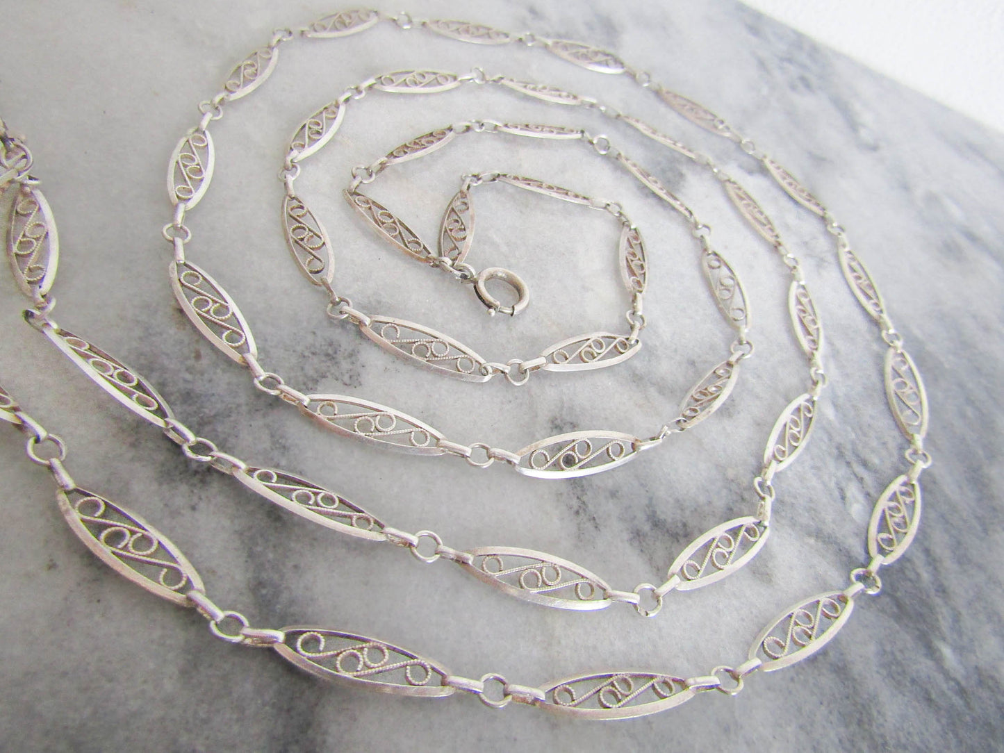 53" Victorian Silver Filigree Long Guard Chain, Antique French Muff Chain, XIX century chain