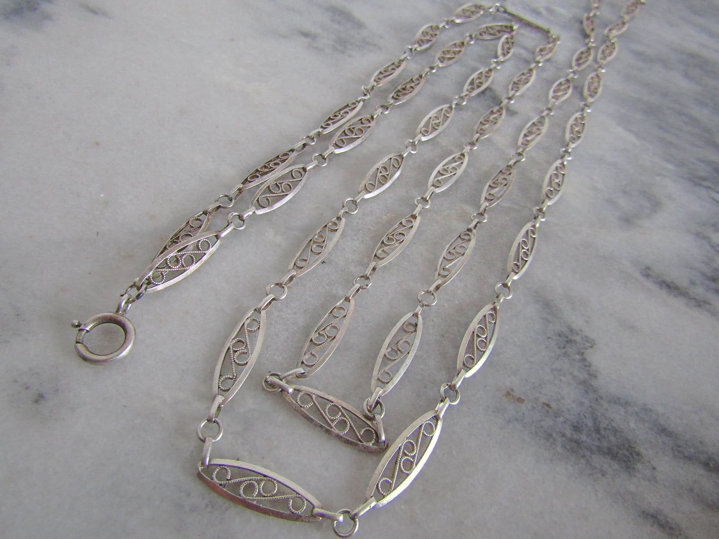 53" Victorian Silver Filigree Long Guard Chain, Antique French Muff Chain, XIX century chain