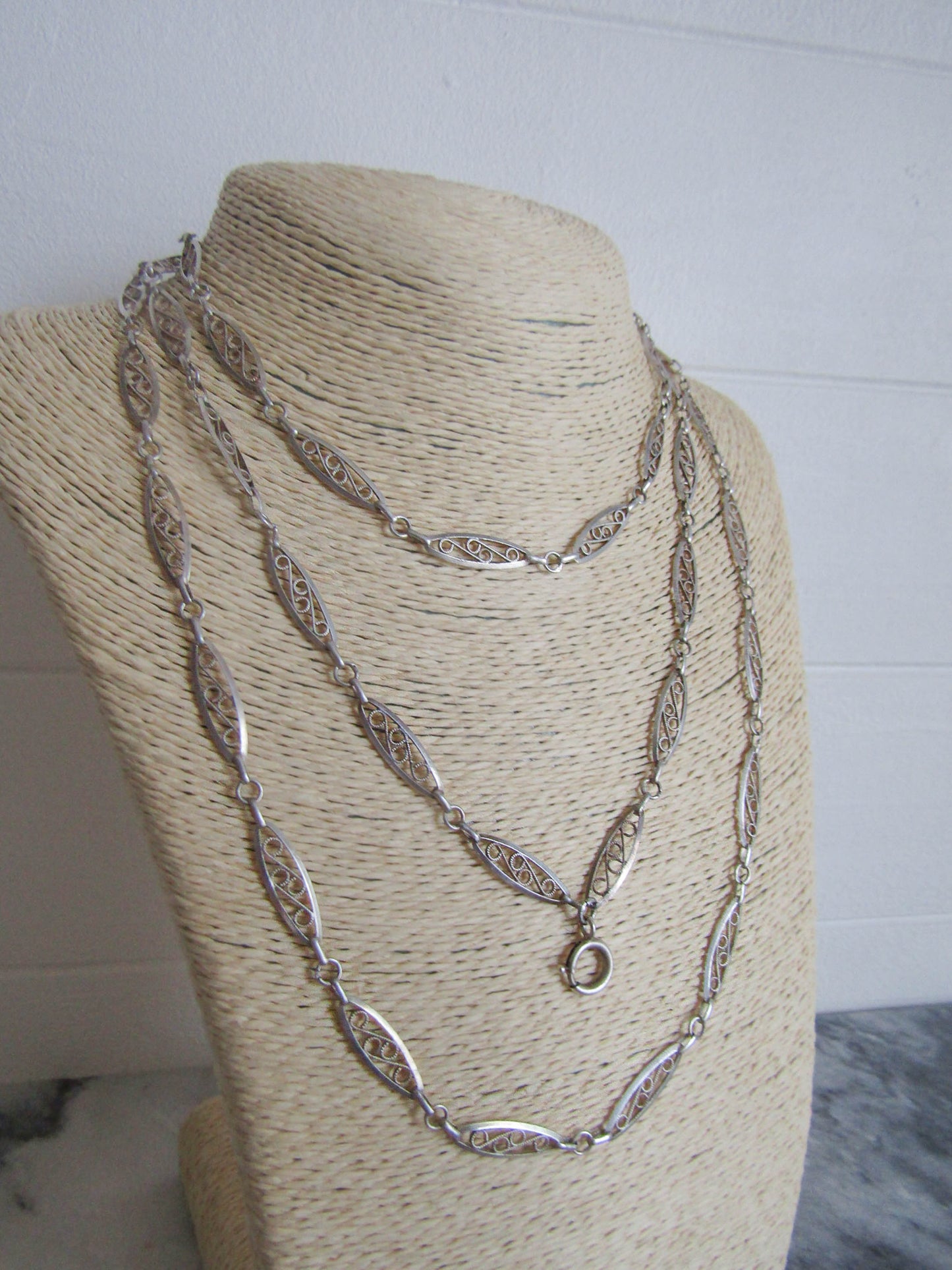 53" Victorian Silver Filigree Long Guard Chain, Antique French Muff Chain, XIX century chain