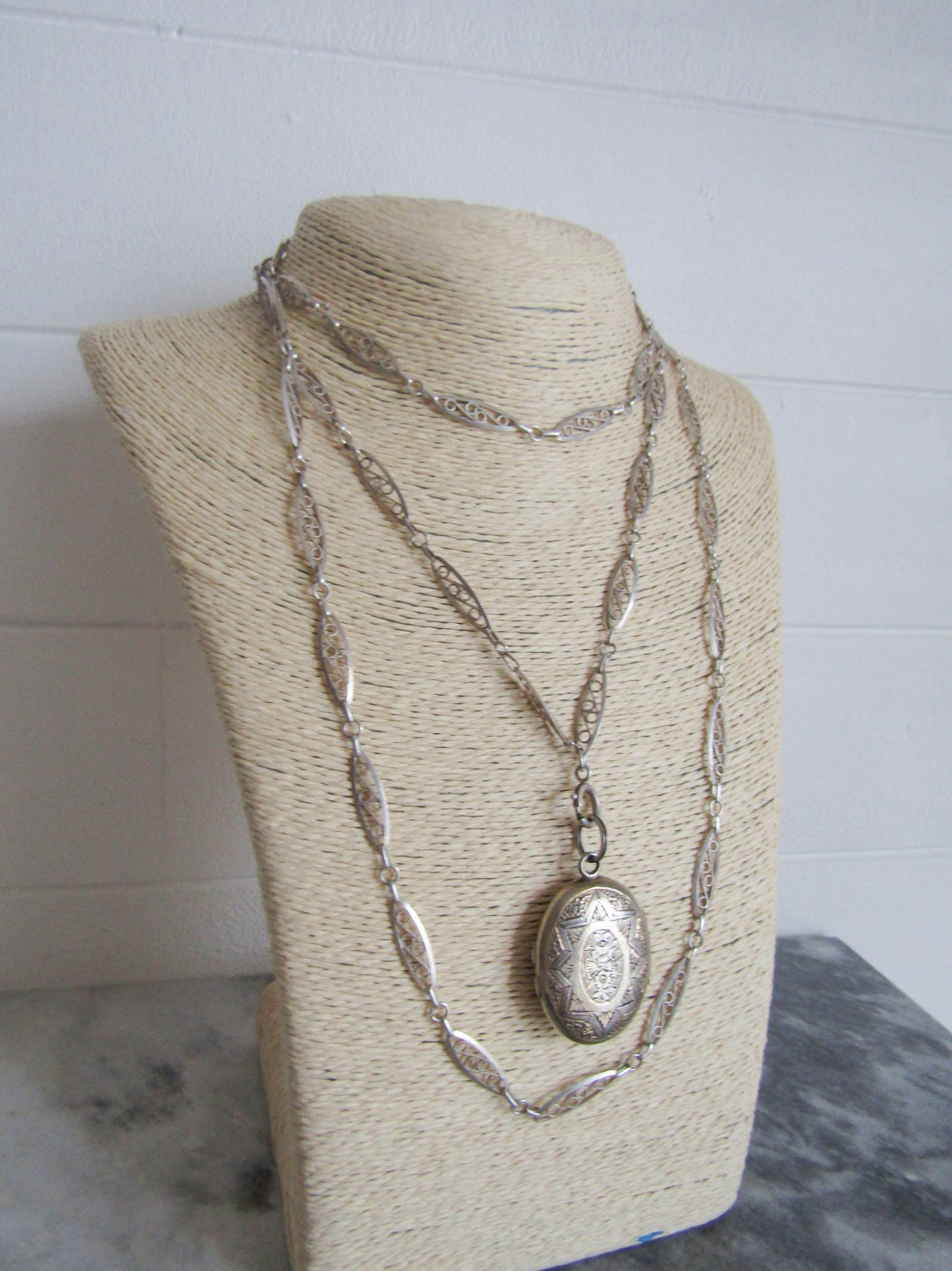 53" Victorian Silver Filigree Long Guard Chain, Antique French Muff Chain, XIX century chain