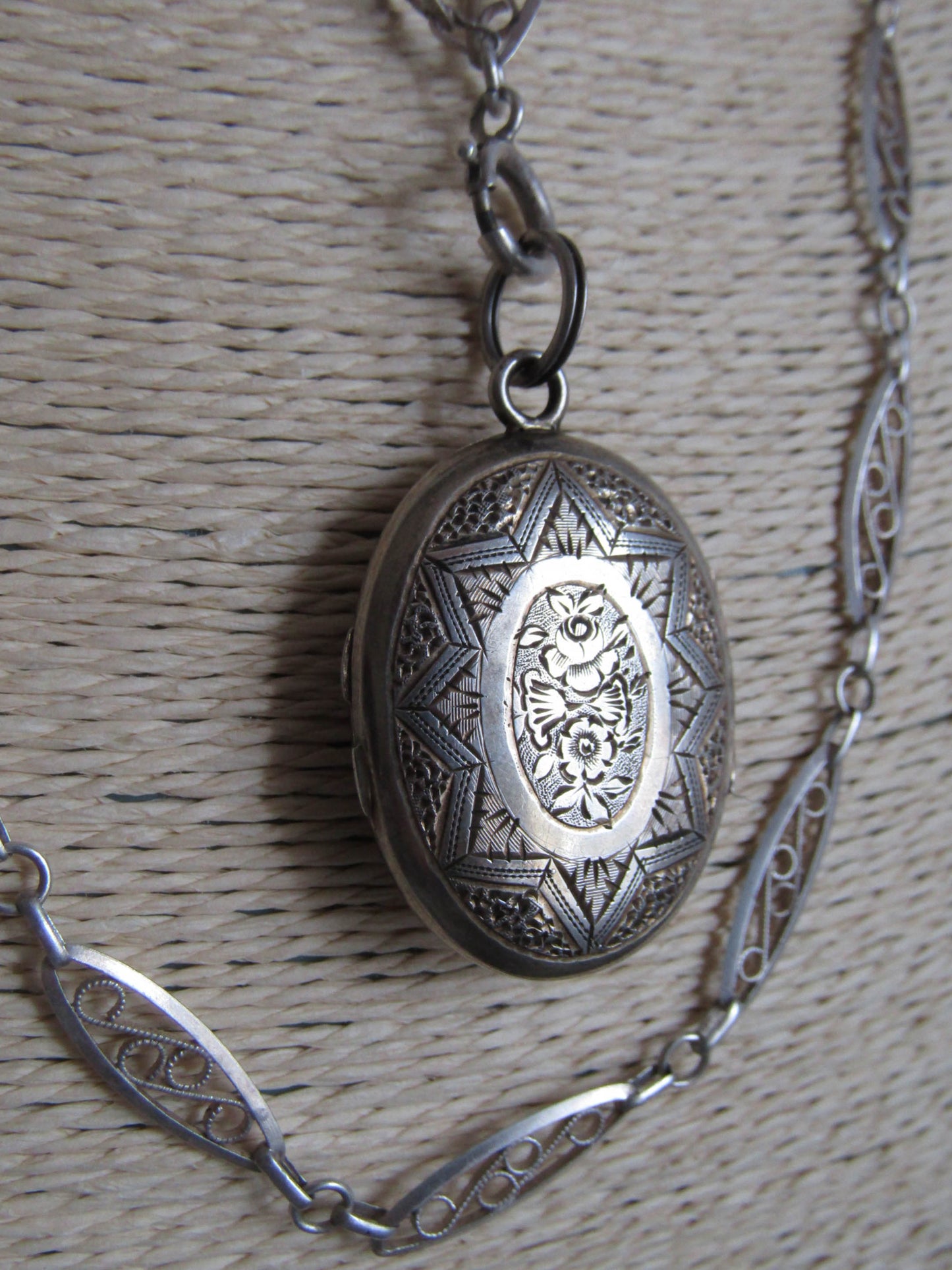 Antique Silver Engraved Oval Locket, French Victorian Hairwork Silver Locket c. 1870