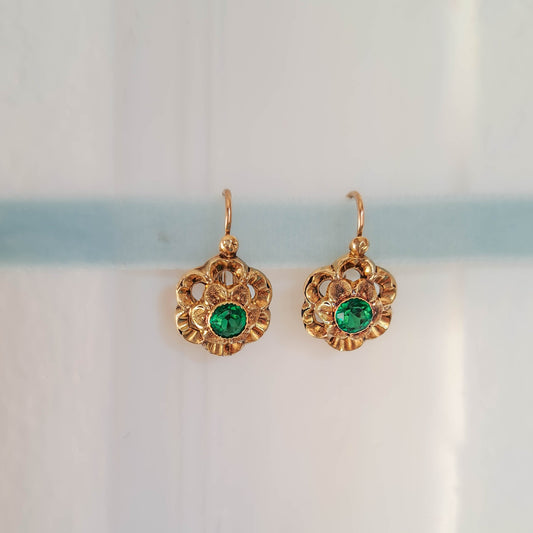 Vintage French Emerald Paste Floral Sleeper Earrings