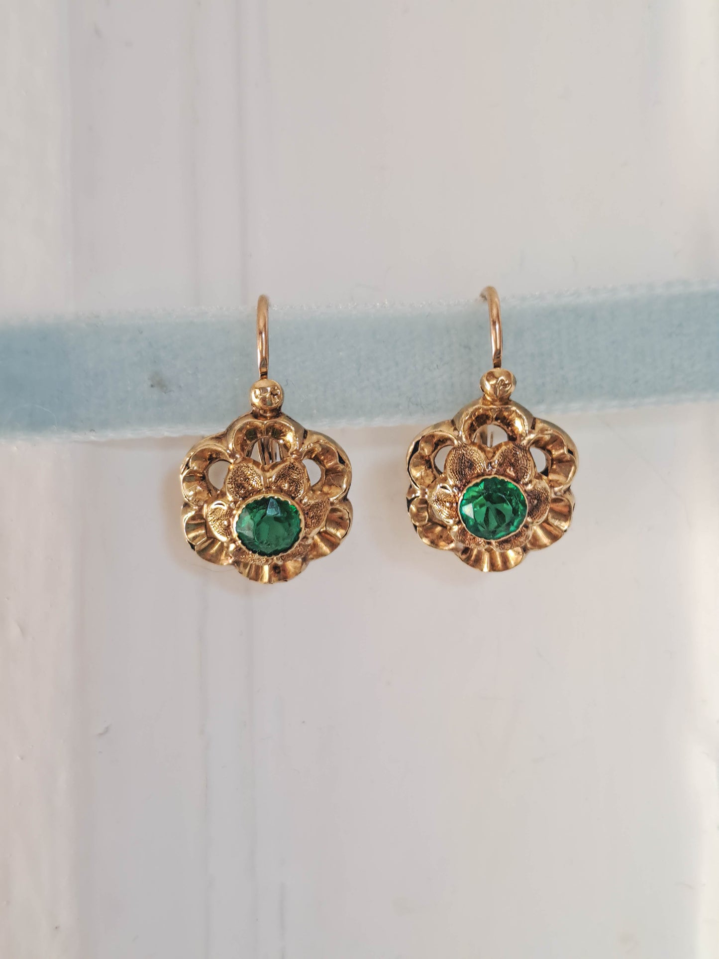 Vintage French Emerald Paste Floral Sleeper Earrings