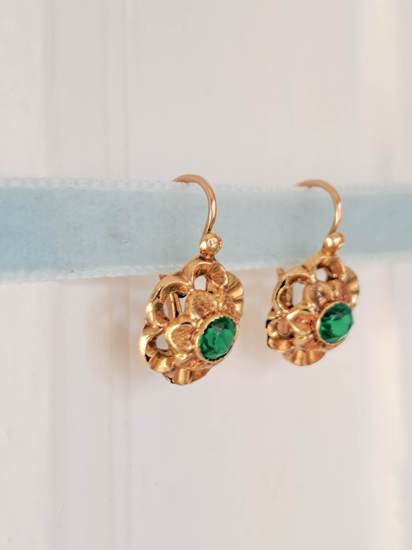 Vintage French Emerald Paste Floral Sleeper Earrings