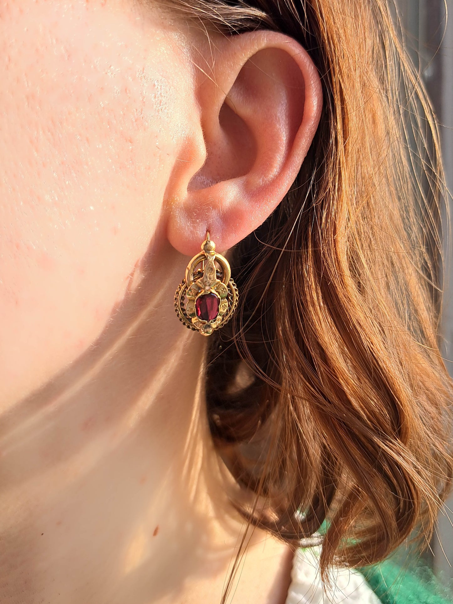 18K Antique Garnet Paste Sleeper Earrings