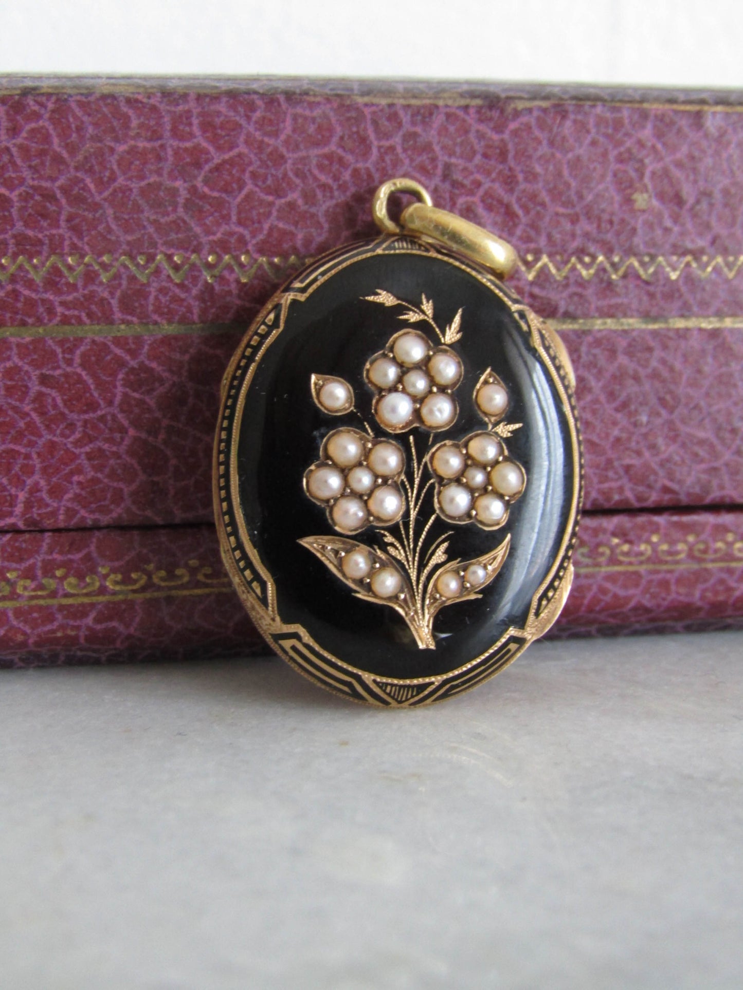 Antique 18K Solid Gold and Enamel Victorian Mourning Locket with Seed Pearls