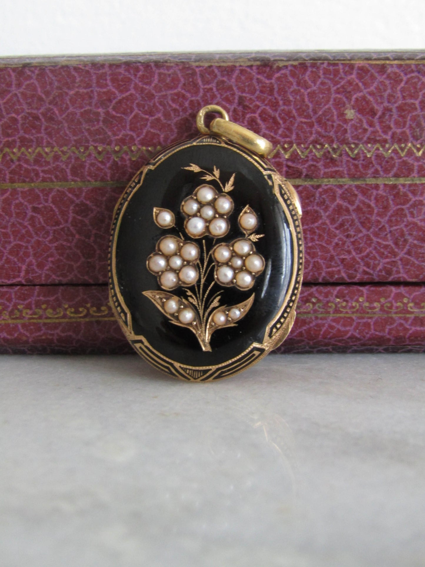 Antique 18K Solid Gold and Enamel Victorian Mourning Locket with Seed Pearls