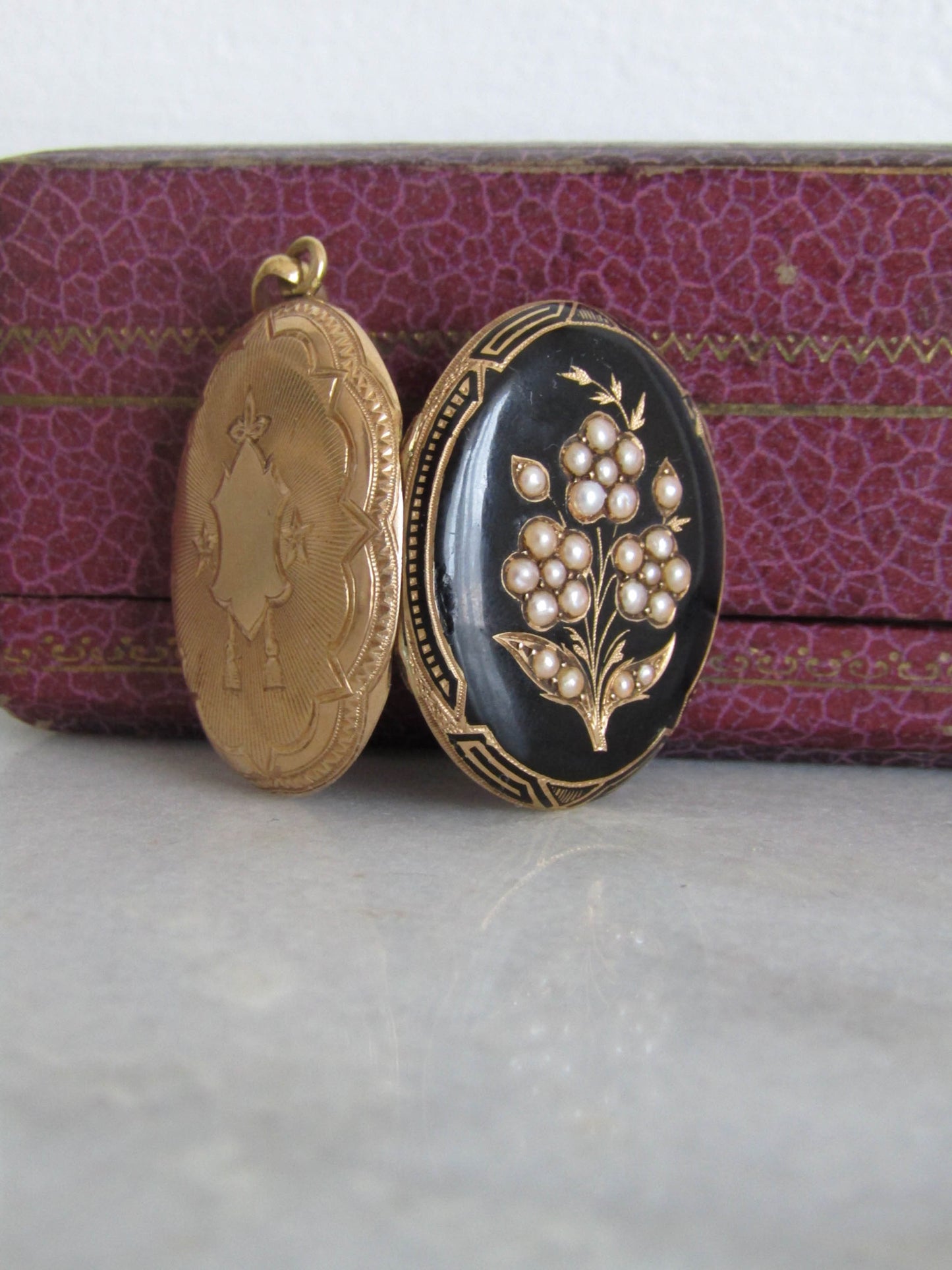 Antique 18K Solid Gold and Enamel Victorian Mourning Locket with Seed Pearls