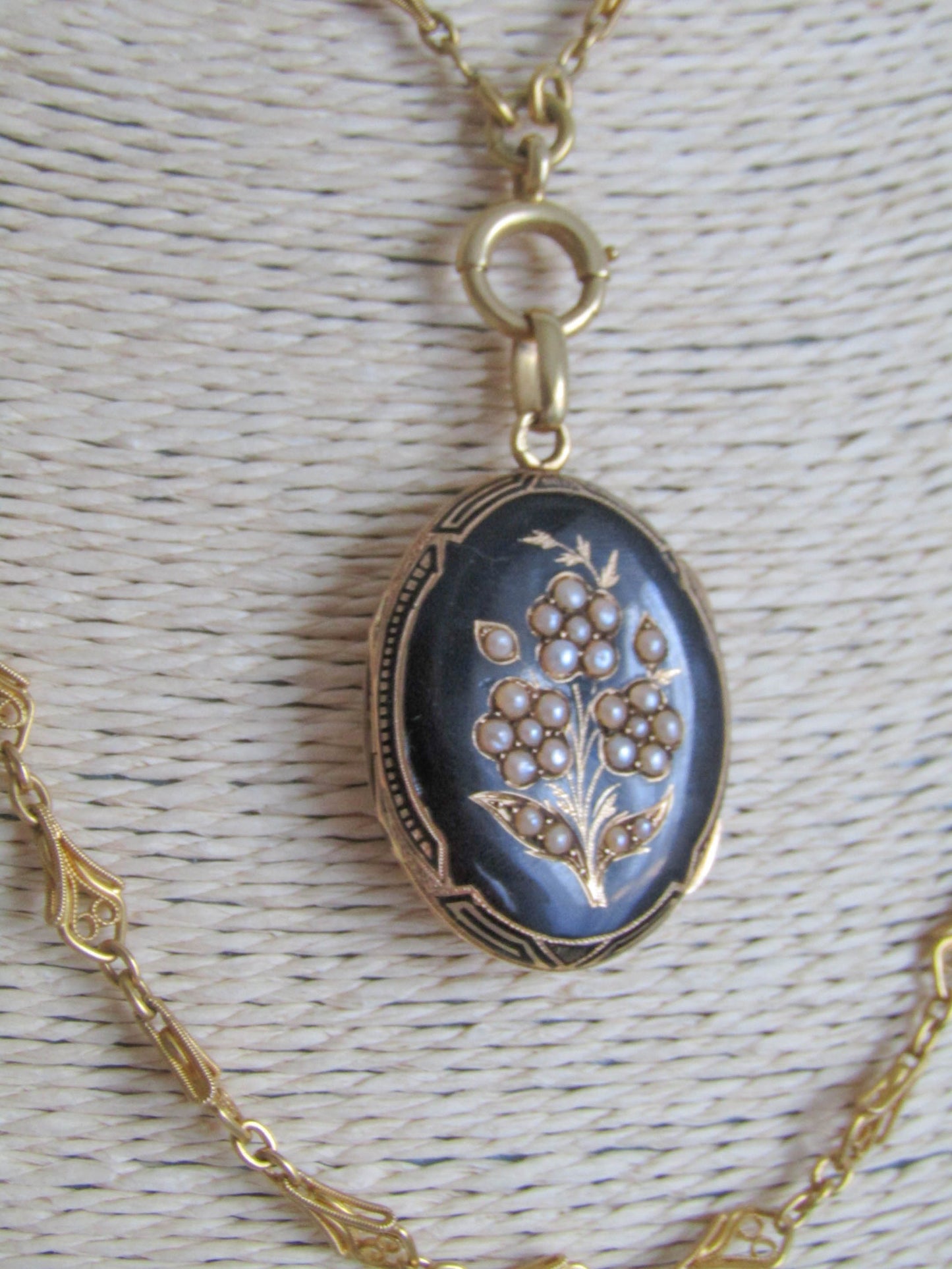 Antique 18K Solid Gold and Enamel Victorian Mourning Locket with Seed Pearls