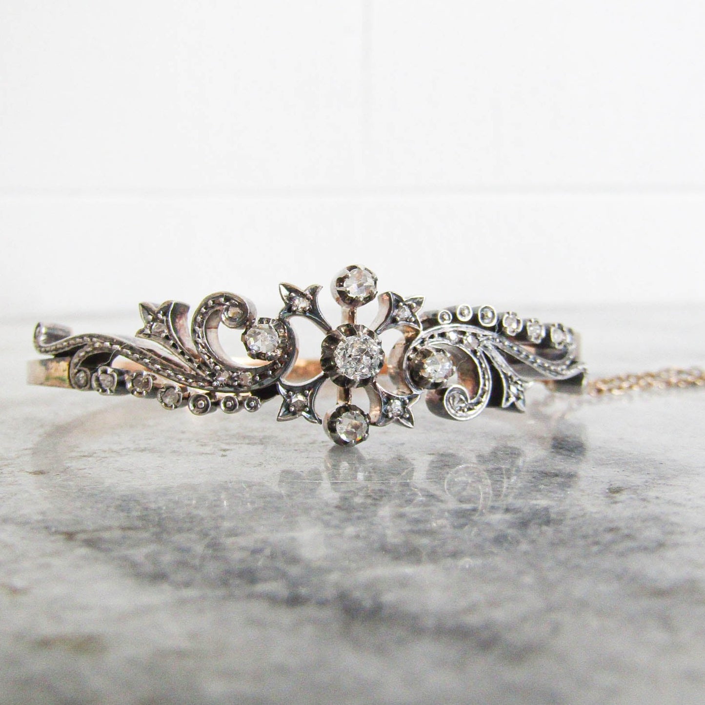 Antique 18K Diamond French Bangle Bracelet, Belle Epoque Art Nouveau Silver and Gold Bangle c. 1880