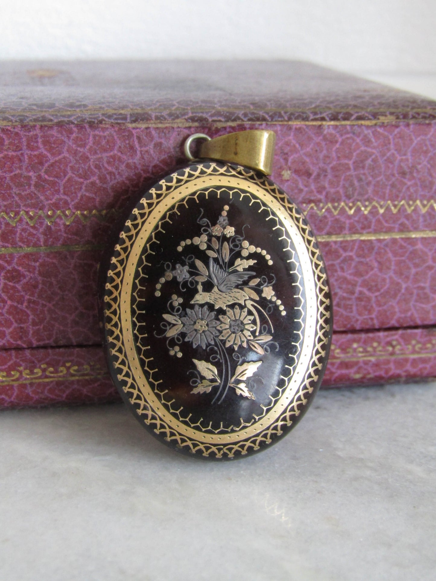 Antique Victorian Tortoise Pique locket with Interior Glass Frame