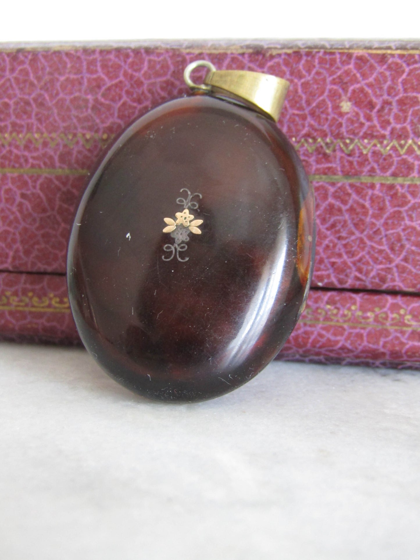 Antique Victorian Tortoise Pique locket with Interior Glass Frame