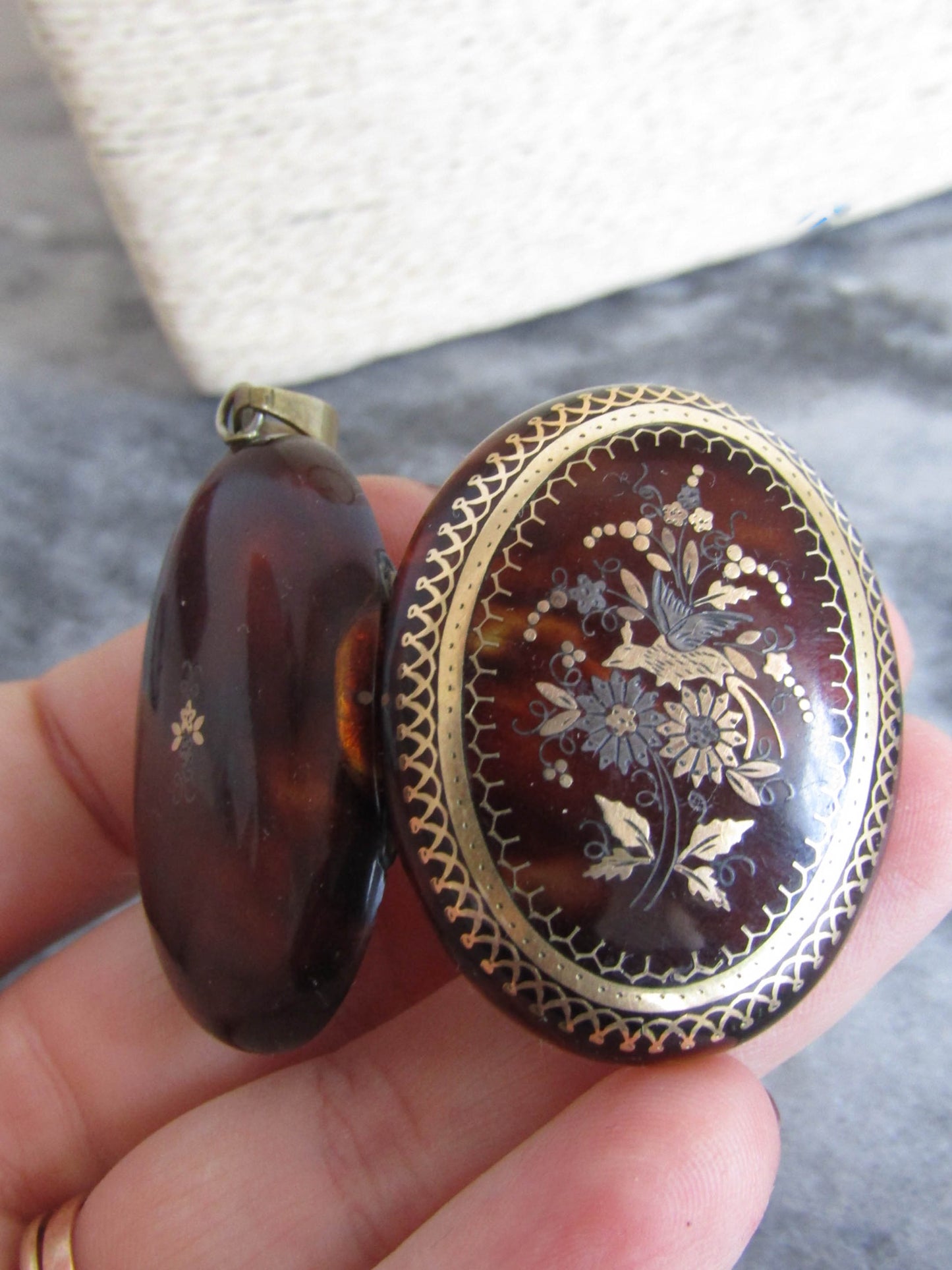 Antique Victorian Tortoise Pique locket with Interior Glass Frame