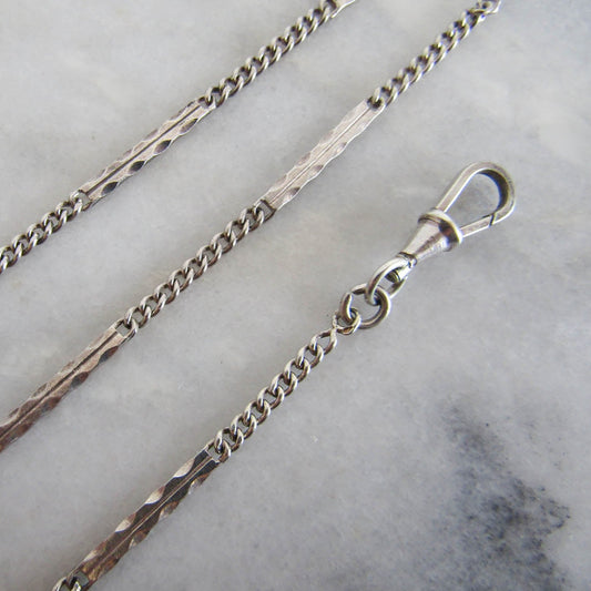 Silver Art Deco Curb Link Watch Chain, Figaro Watch Chain with Dog Clip Clasp and Spring Ring