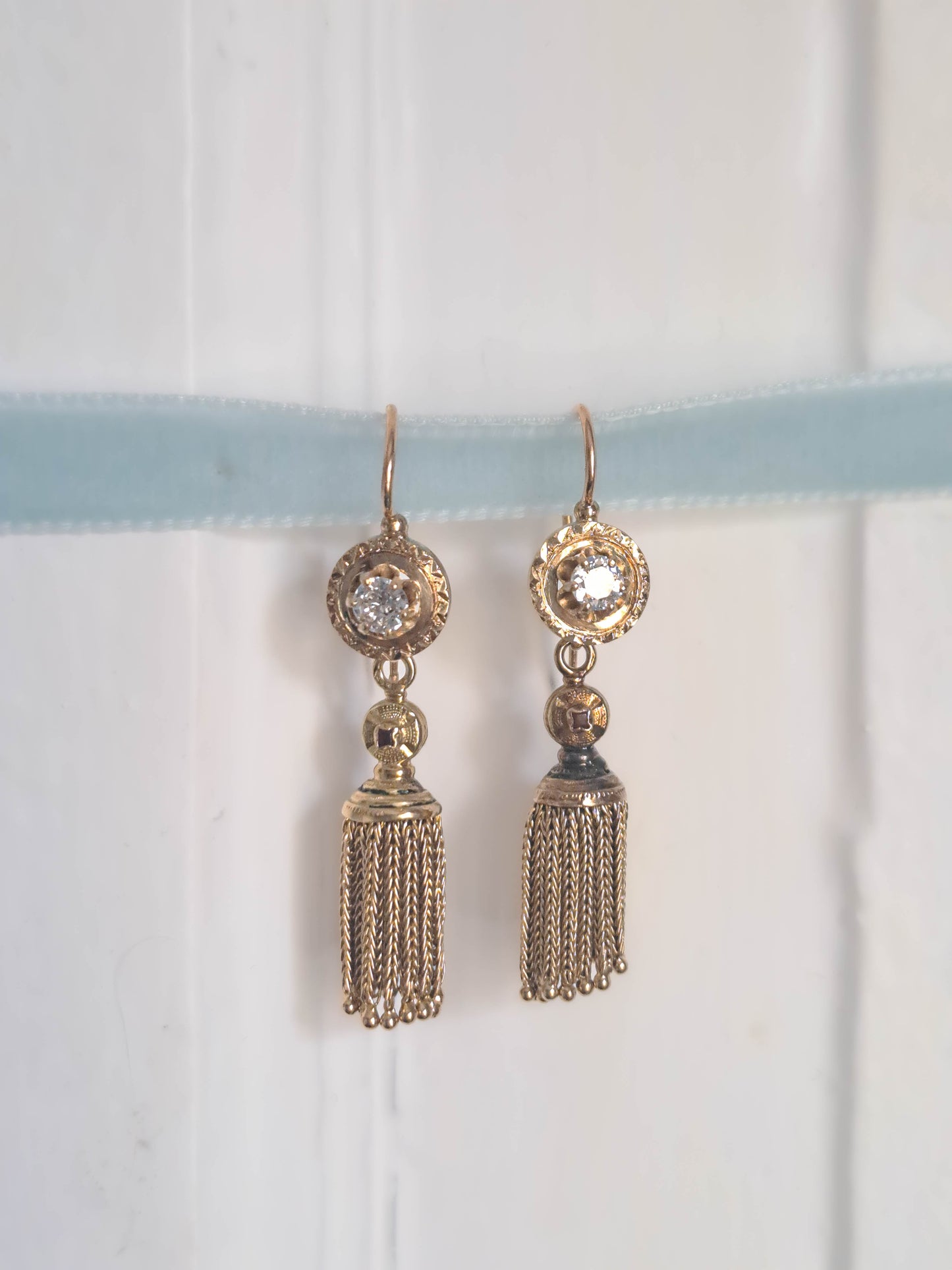 Antique Victorian 18k Solid Gold Diamond Pendant Earrings with Tassels