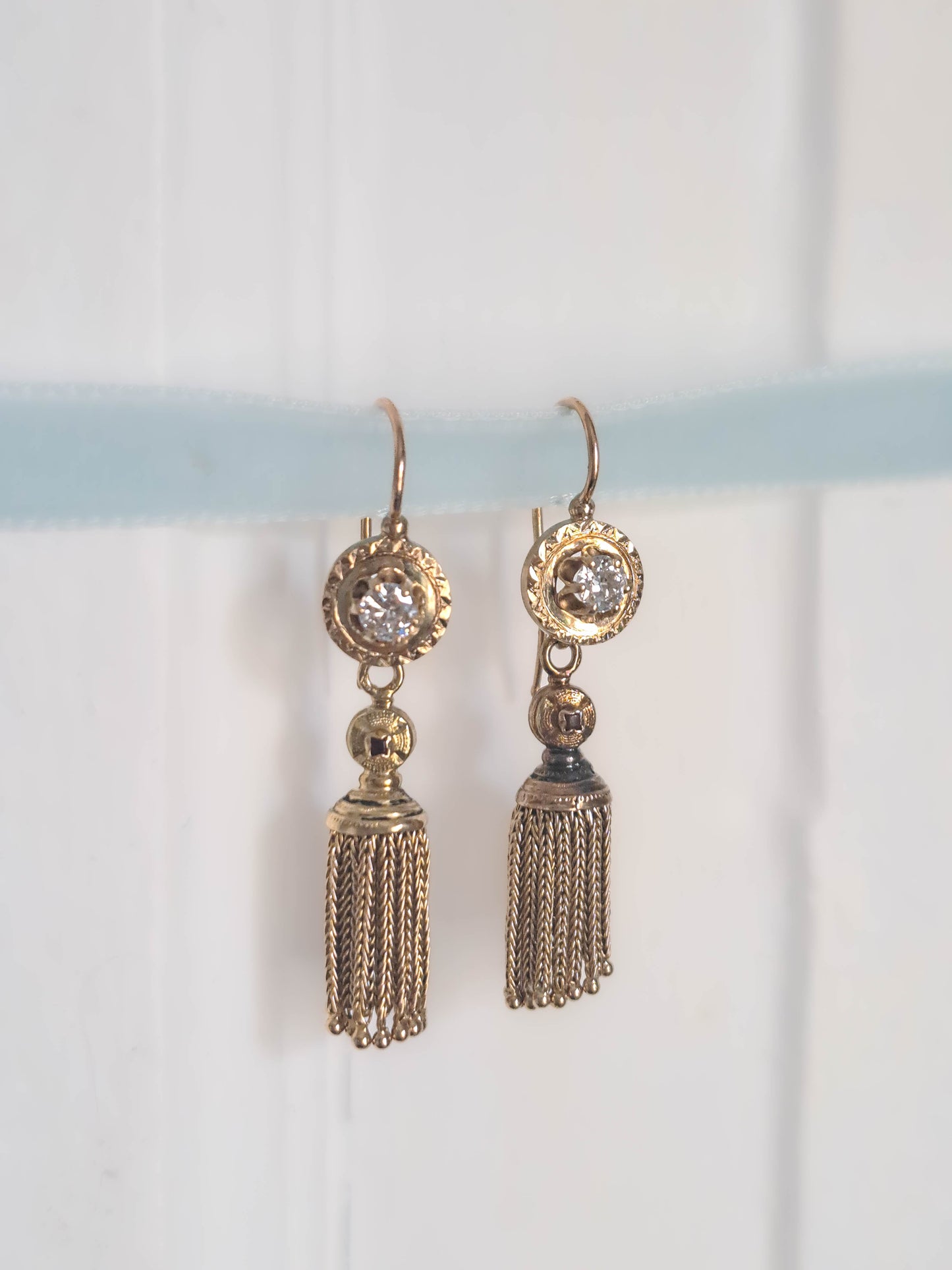 Antique Victorian 18k Solid Gold Diamond Pendant Earrings with Tassels