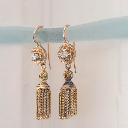 Antique Victorian 18k Solid Gold Diamond Pendant Earrings with Tassels