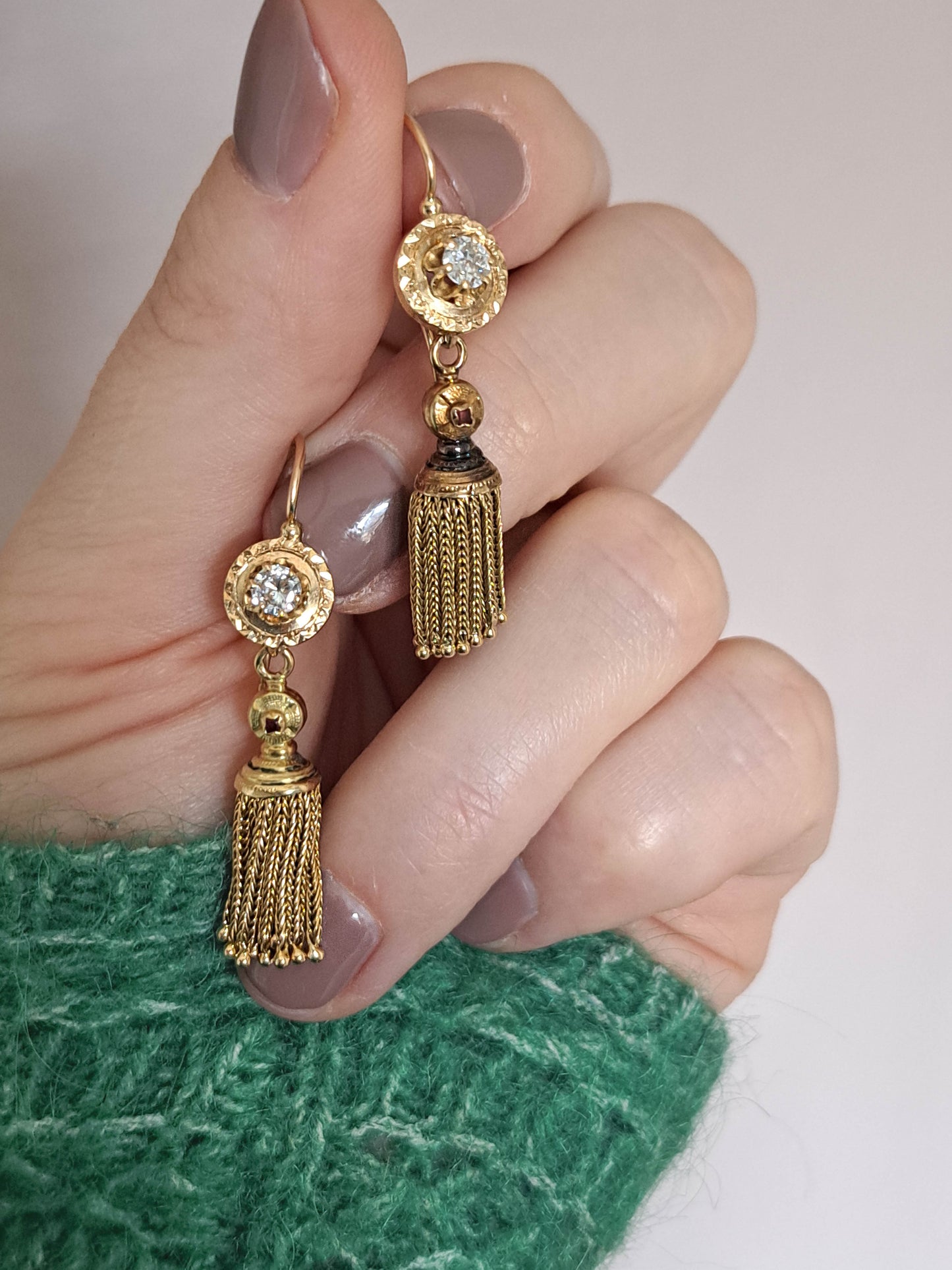 Antique Victorian 18k Solid Gold Diamond Pendant Earrings with Tassels