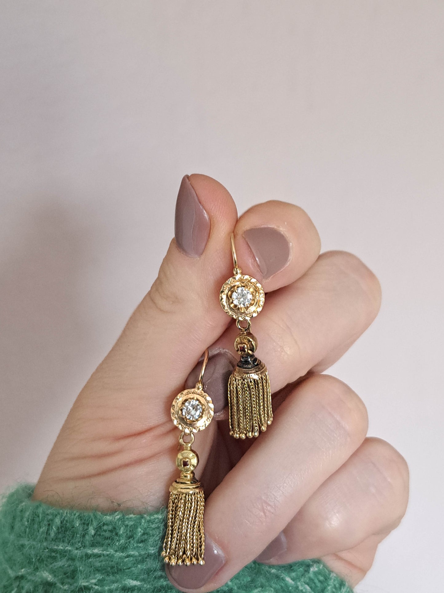 Antique Victorian 18k Solid Gold Diamond Pendant Earrings with Tassels