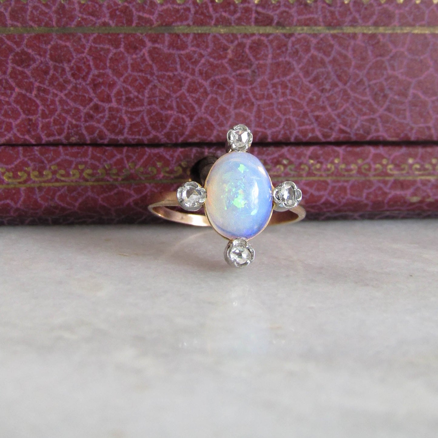 Edwardian Opal, Diamond, and 18K Gold Conversion Ring c. 1900, Antique French Belle Epoque Stickpin Ring Conversion