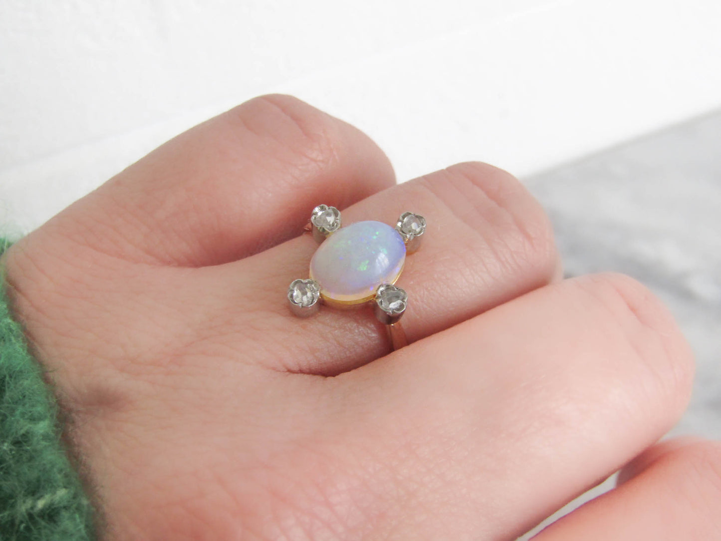 Edwardian Opal, Diamond, and 18K Gold Conversion Ring c. 1900, Antique French Belle Epoque Stickpin Ring Conversion