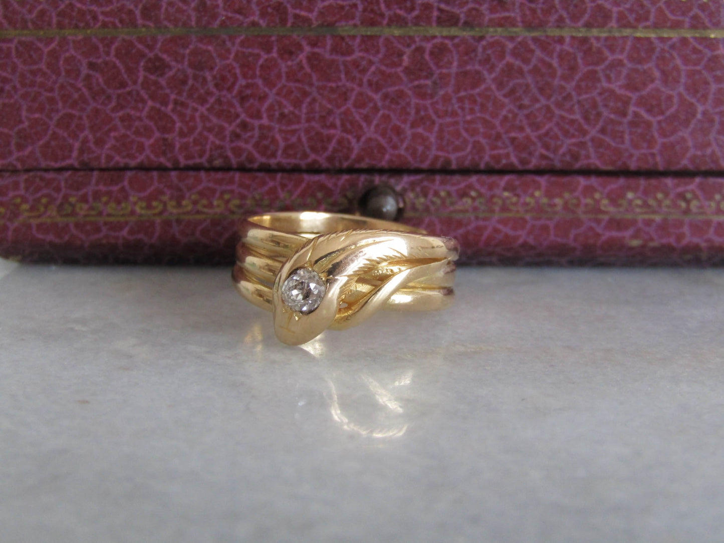 Antique 18k Solid Gold Diamond Snake Ring, French Belle Epoque Old Mine Cut Diamond Romantic Snake Jewelry