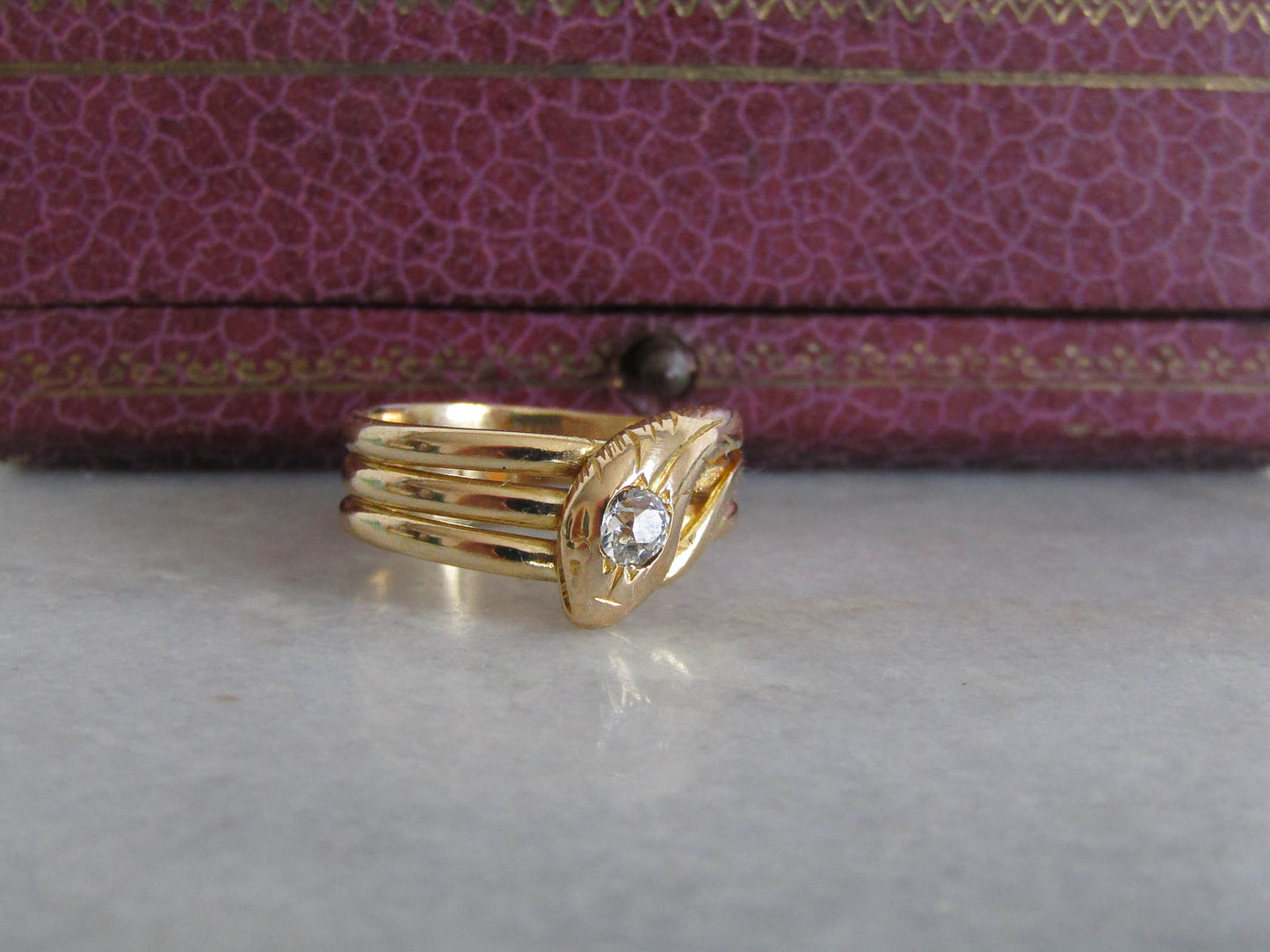 Antique 18k Solid Gold Diamond Snake Ring, French Belle Epoque Old Mine Cut Diamond Romantic Snake Jewelry