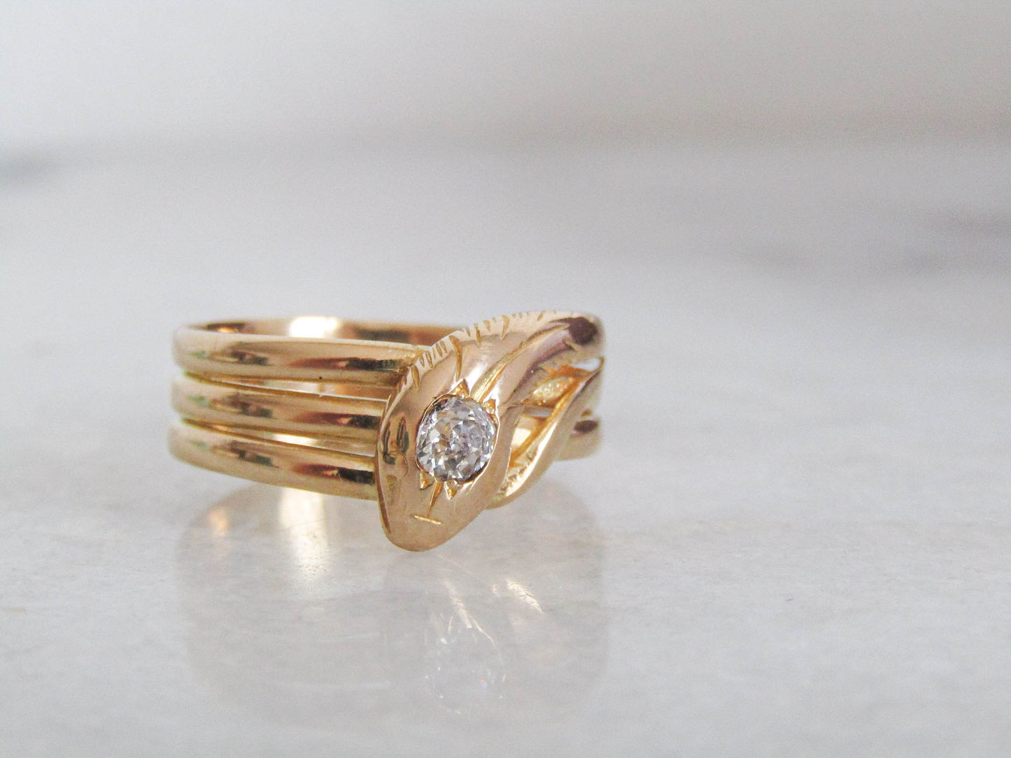 Antique 18k Solid Gold Diamond Snake Ring, French Belle Epoque Old Mine Cut Diamond Romantic Snake Jewelry