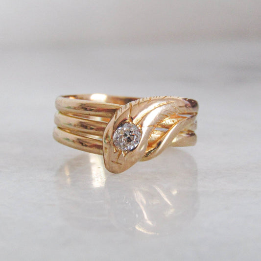 Antique 18k Solid Gold Diamond Snake Ring, French Belle Epoque Old Mine Cut Diamond Romantic Snake Jewelry