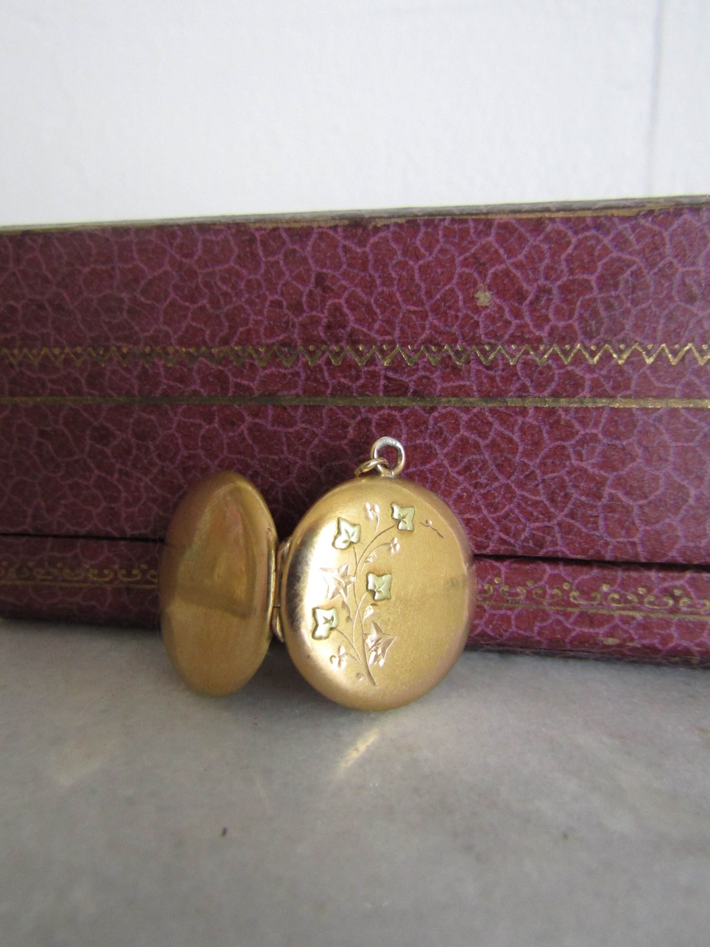 Antique 18K Gold Art Nouveau Ivy Round Locket, French Pendant c. 1900