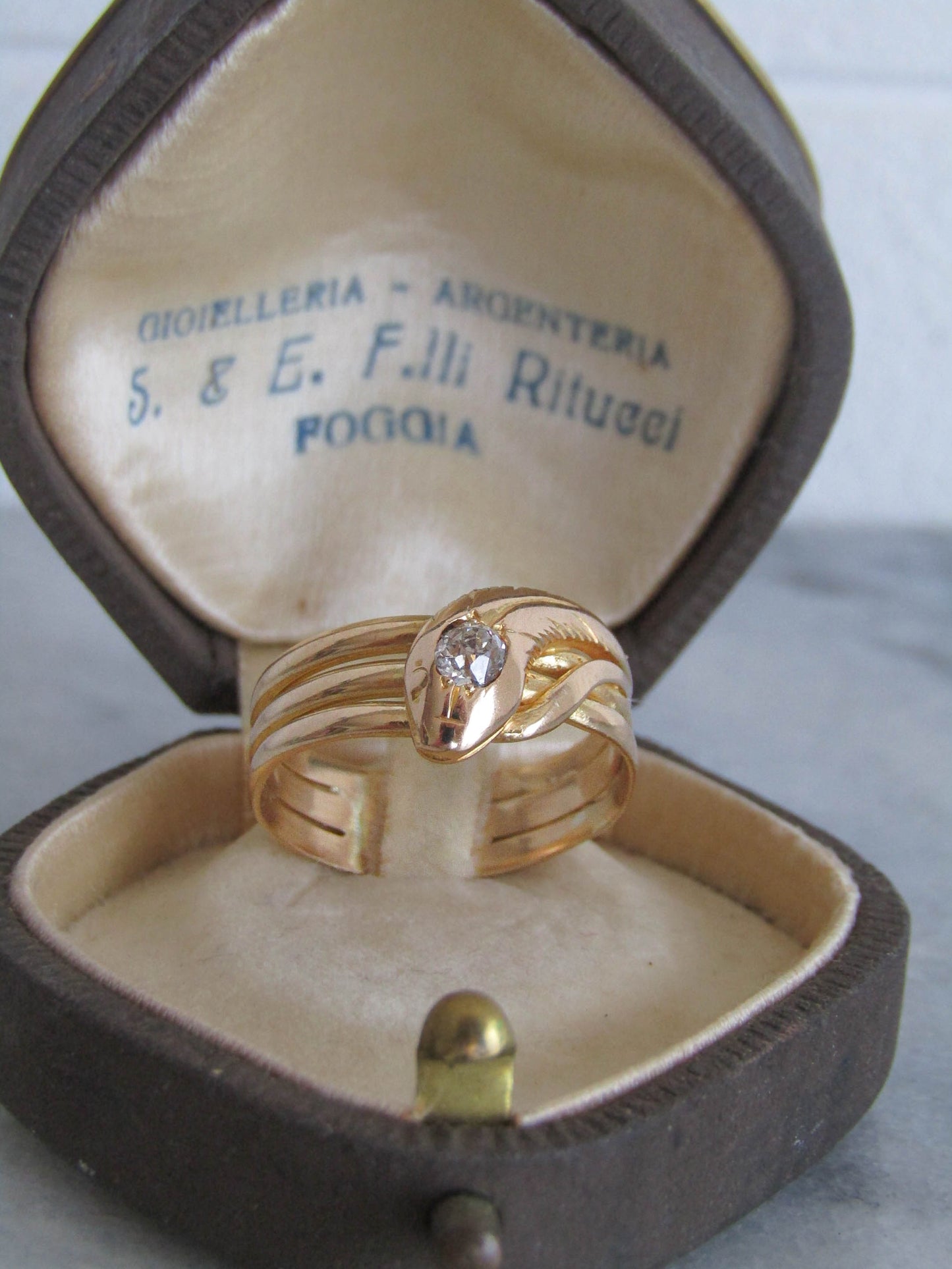 Antique 18k Solid Gold Diamond Snake Ring, French Belle Epoque Old Mine Cut Diamond Romantic Snake Jewelry