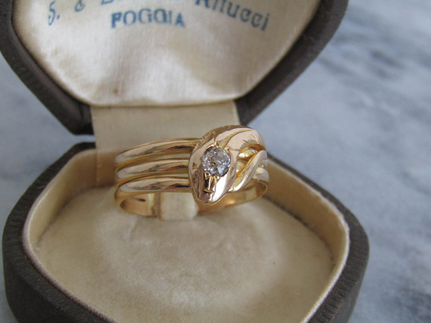 Antique 18k Solid Gold Diamond Snake Ring, French Belle Epoque Old Mine Cut Diamond Romantic Snake Jewelry