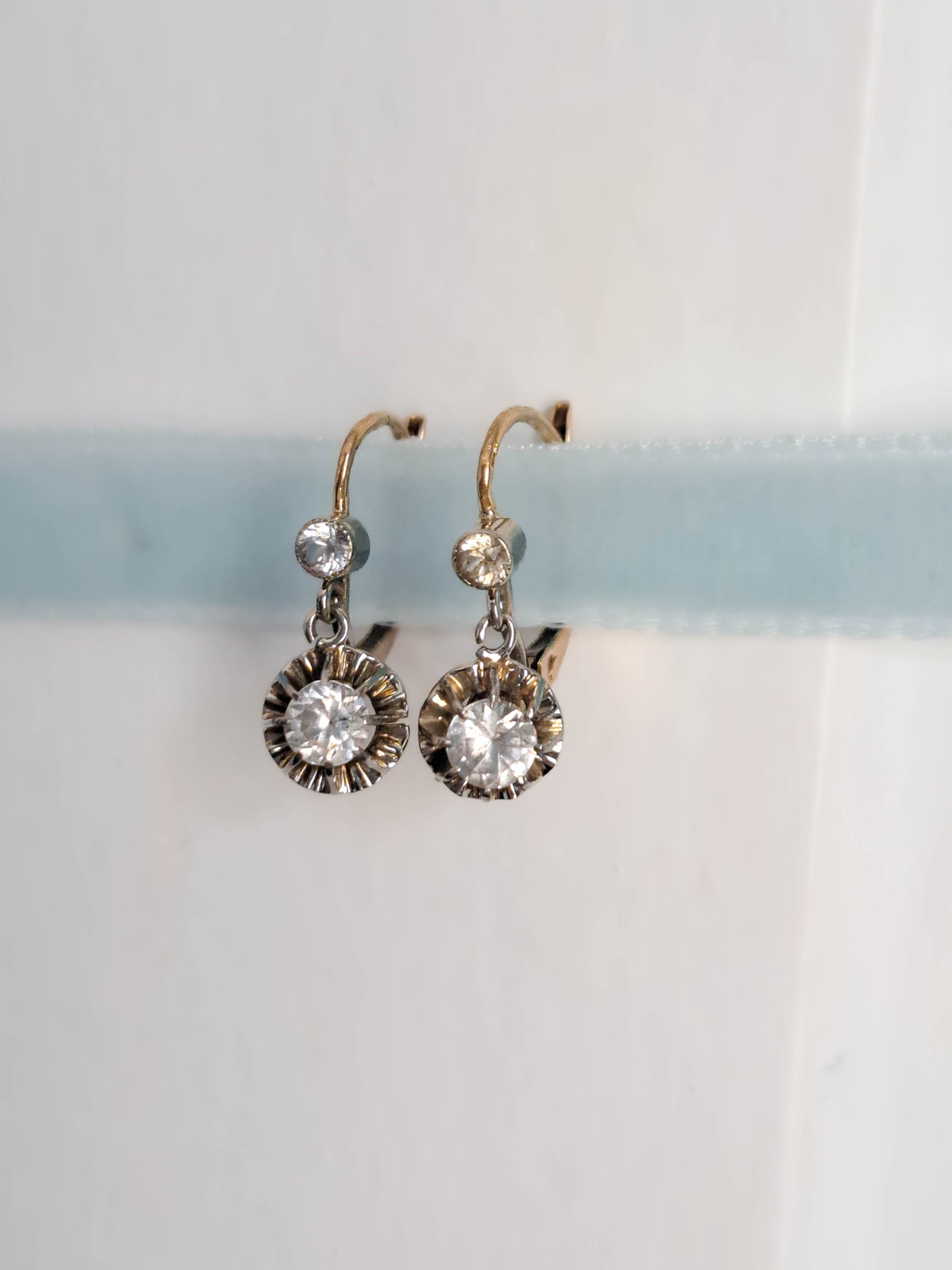 Antique 18K Gold French Trembleuse Drop Earrings with Rock Crystal