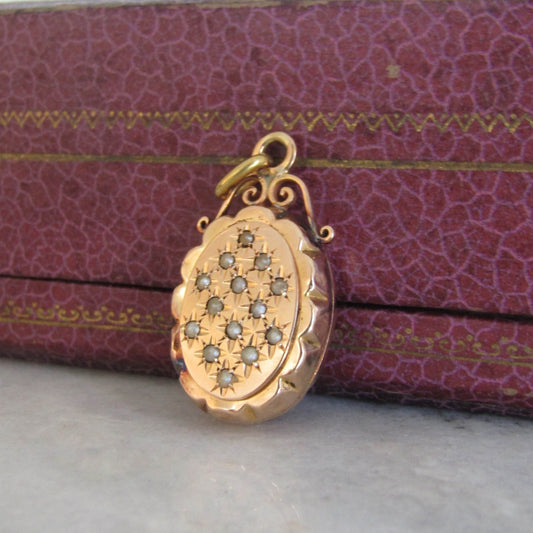 18K Solid Gold Victorian Pave Seed Pearl Locket, Antique French Locket c. 1890