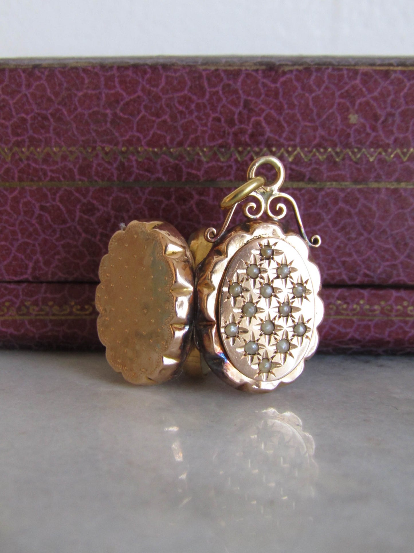 18K Solid Gold Victorian Pave Seed Pearl Locket, Antique French Locket c. 1890