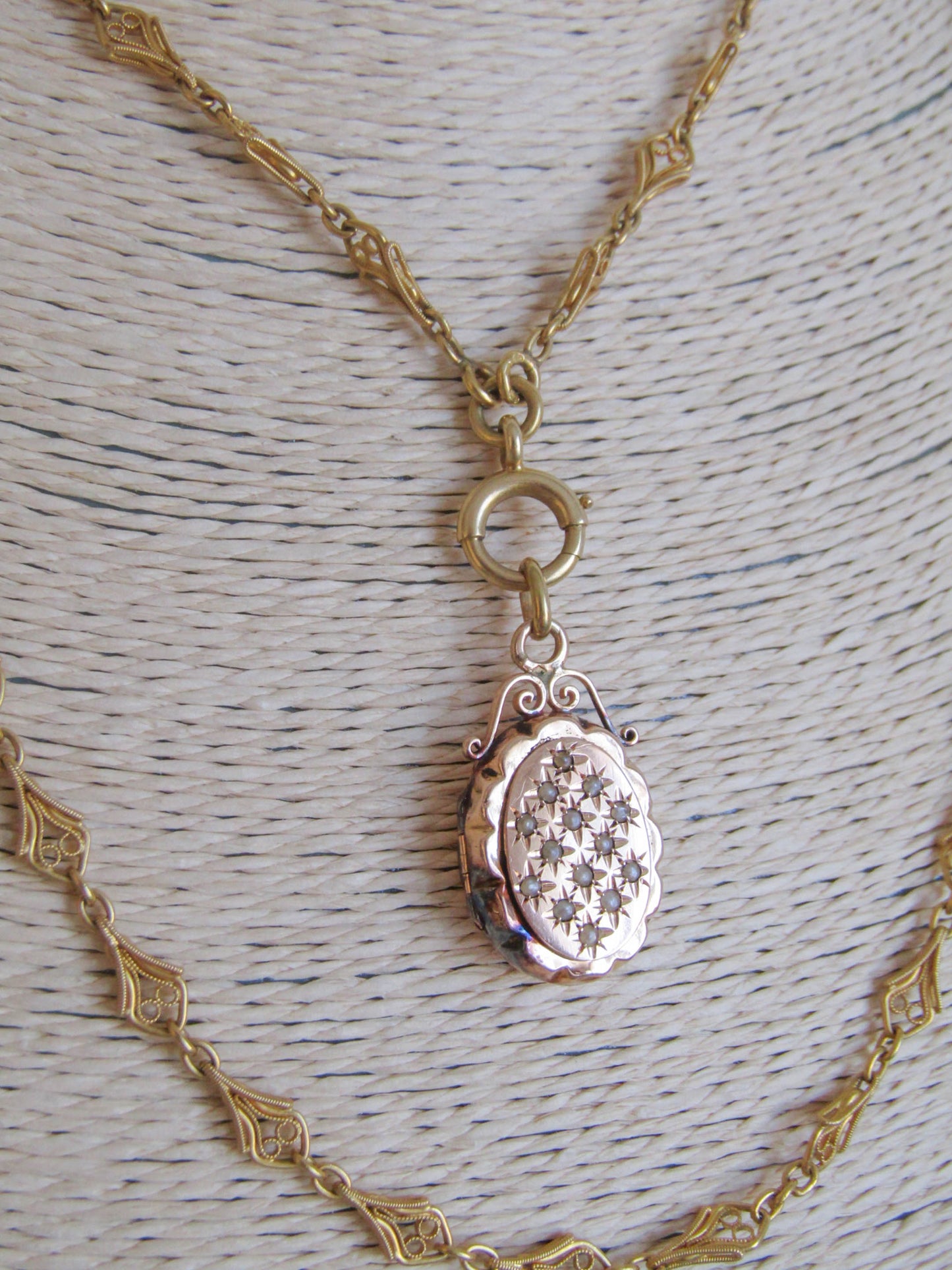 18K Solid Gold Victorian Pave Seed Pearl Locket, Antique French Locket c. 1890