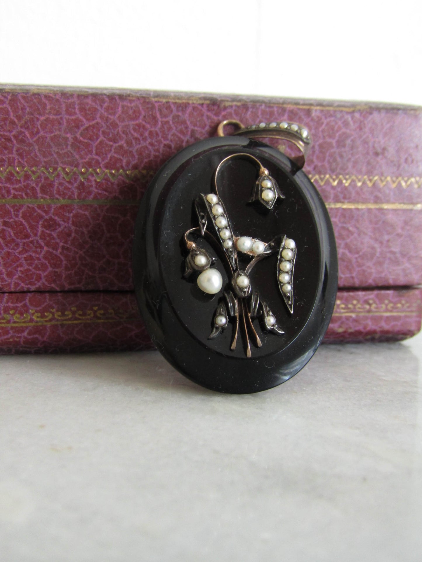 Antique Victorian Gold and Onyx Seed Pearl Mourning Locket c. 1880